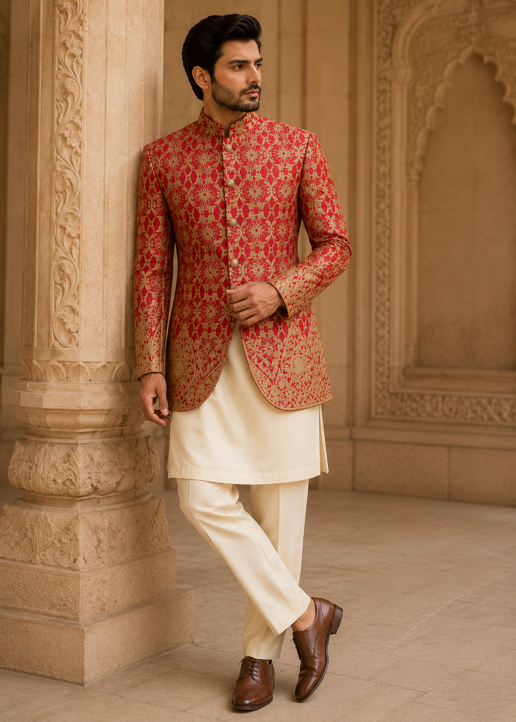 silk Prince Coat in Red, gold