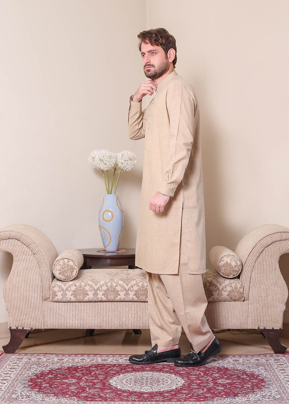 textured wash & wear Shalwar Kameez in Camel brown