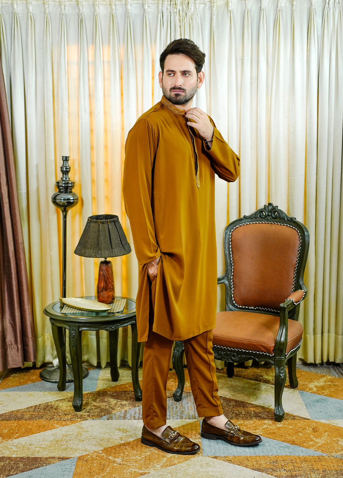 silk georgette Kurta Set in Mustard