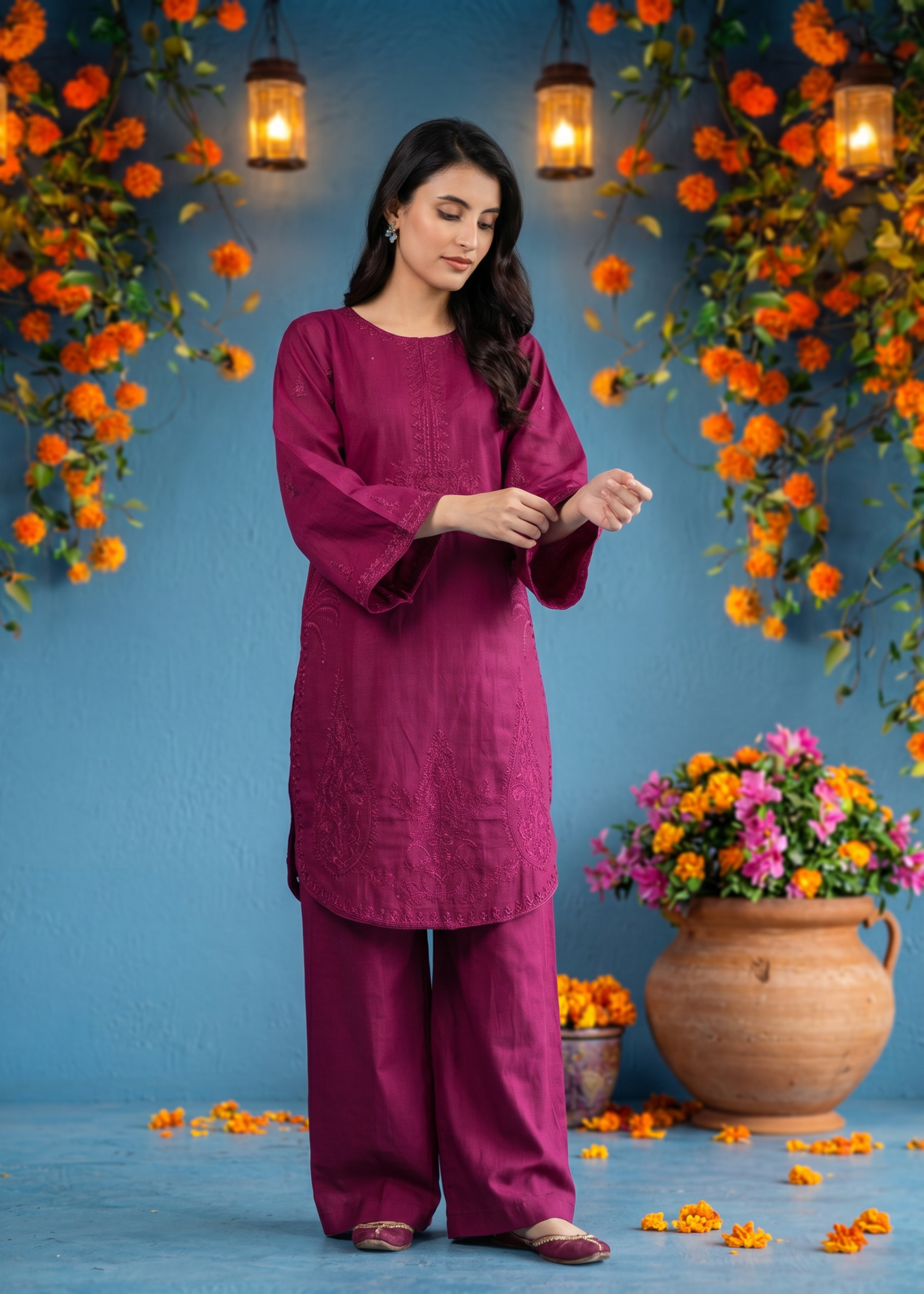textured lawn Kurti in Magenta haze