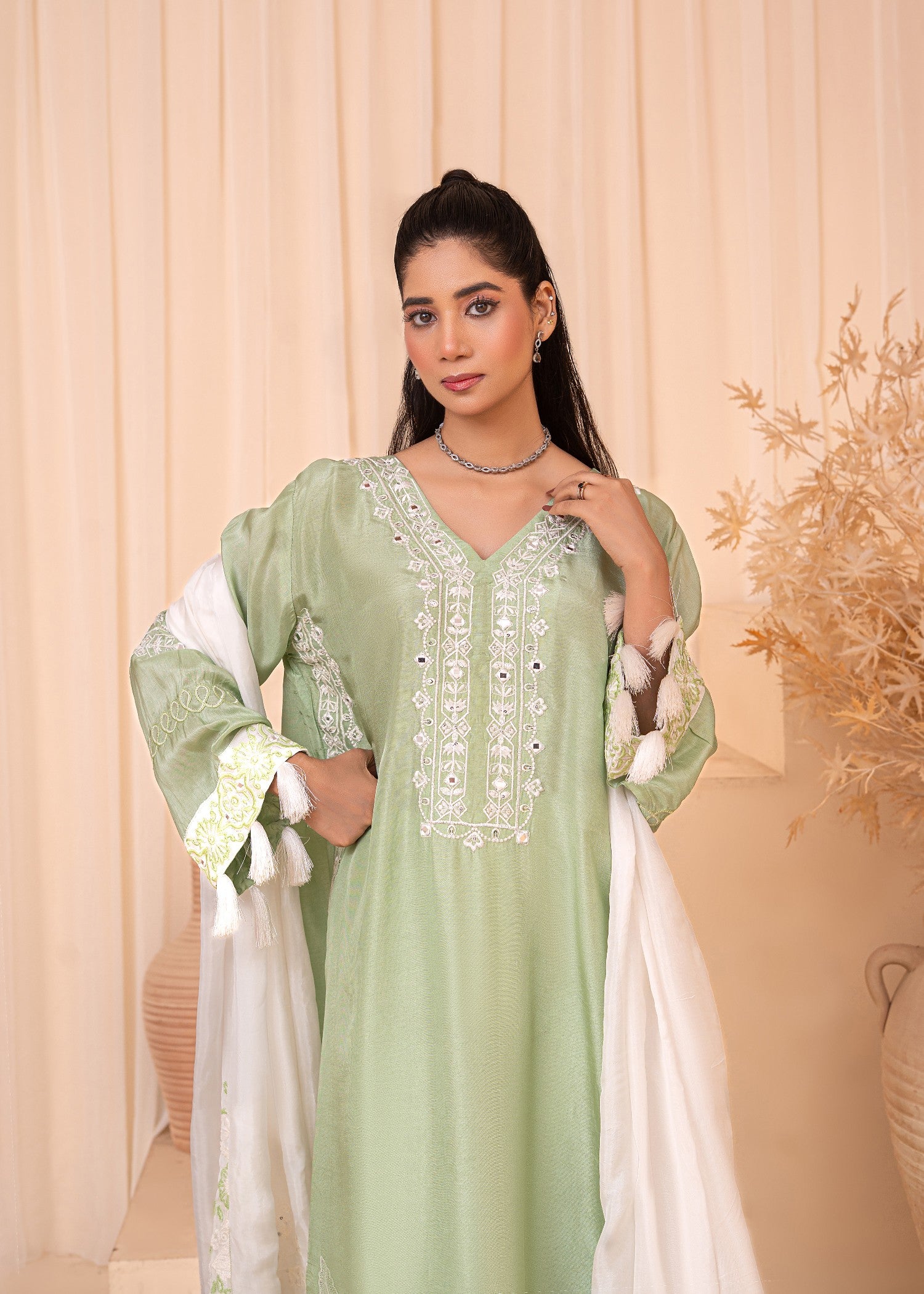 silk Kaftan in White, pistachio green