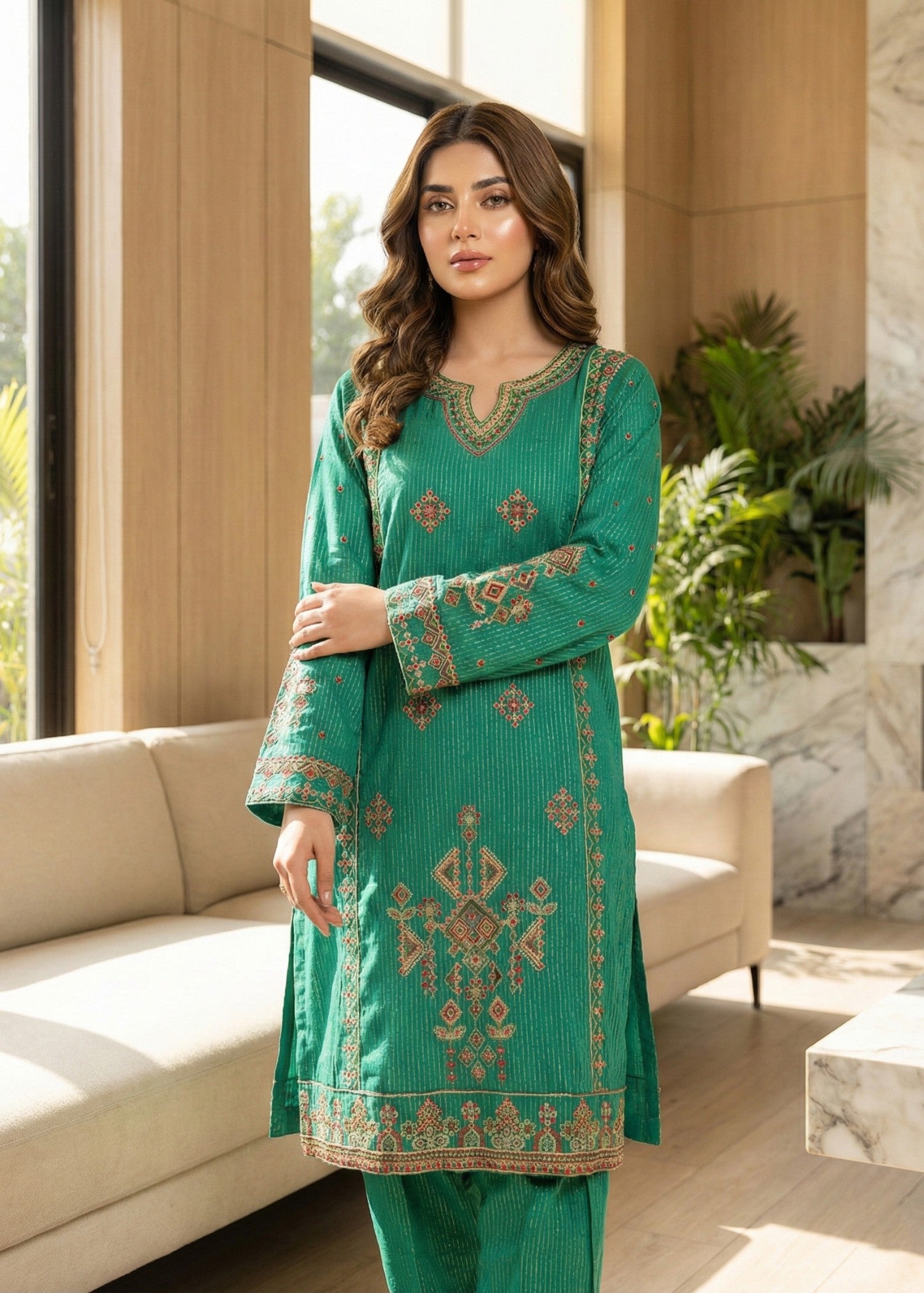 lawn Kurta Set in Jade green