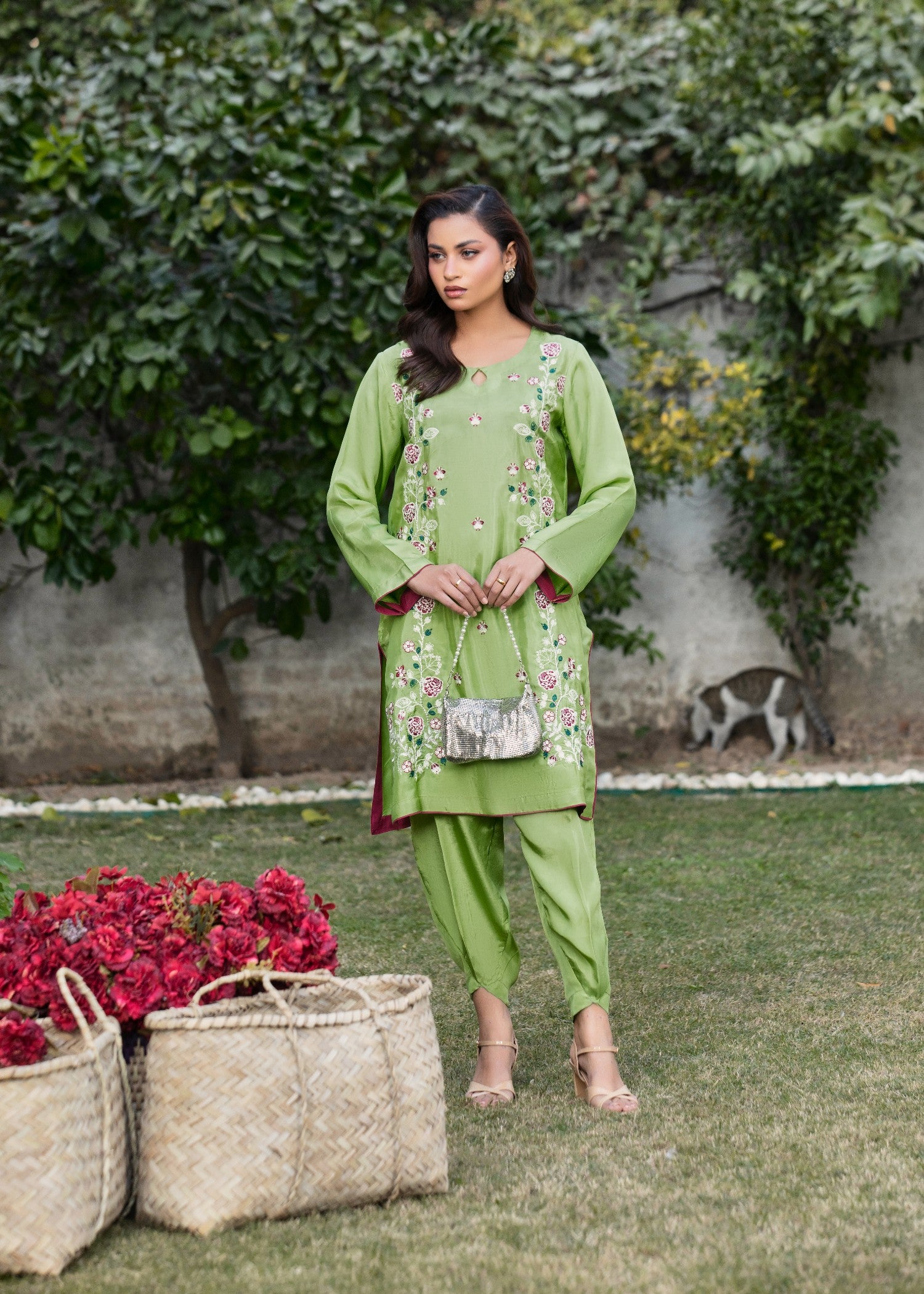 silk Kurta Set in Apple green