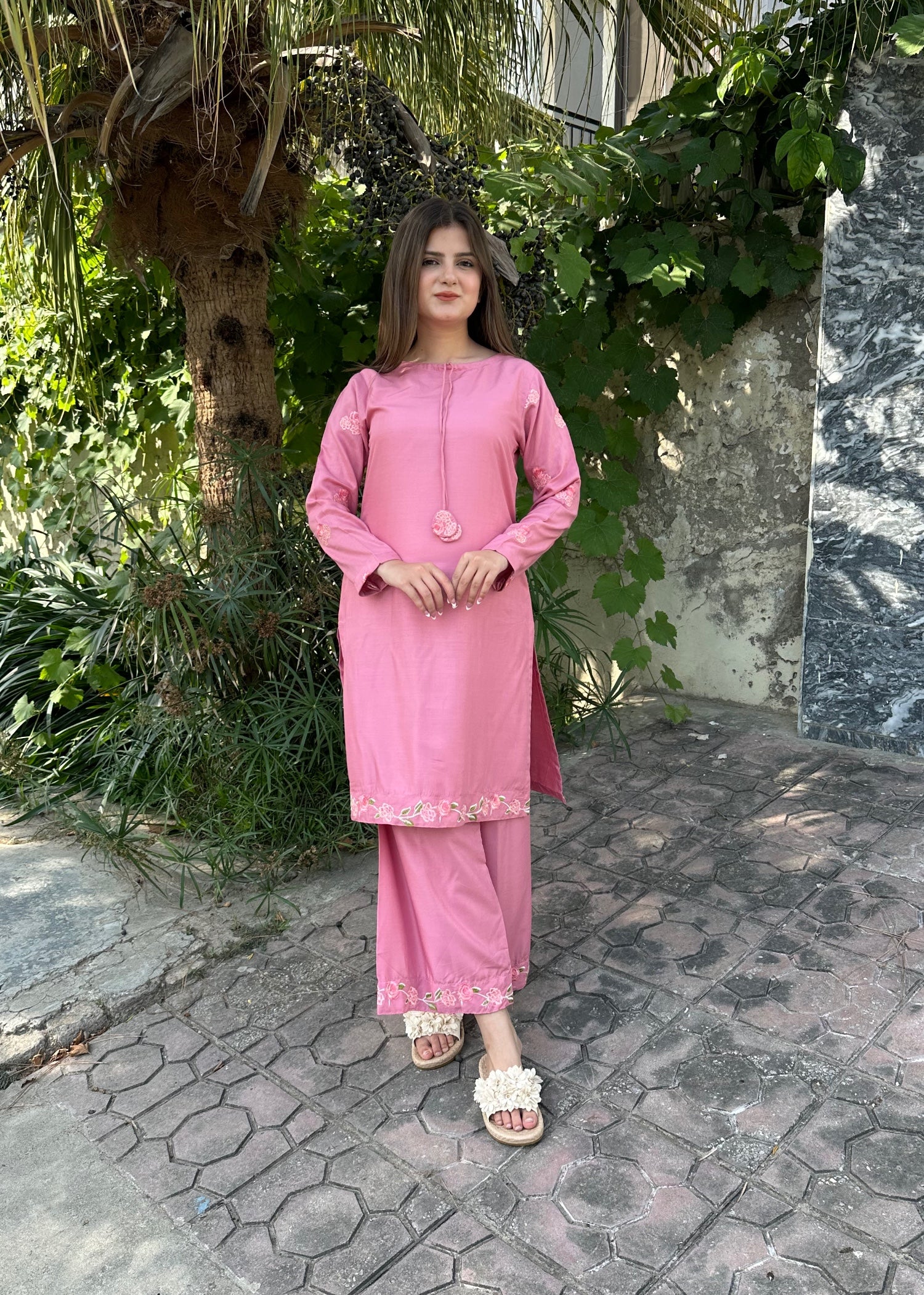 arabic lawn Kurta Set in Tea rose pink