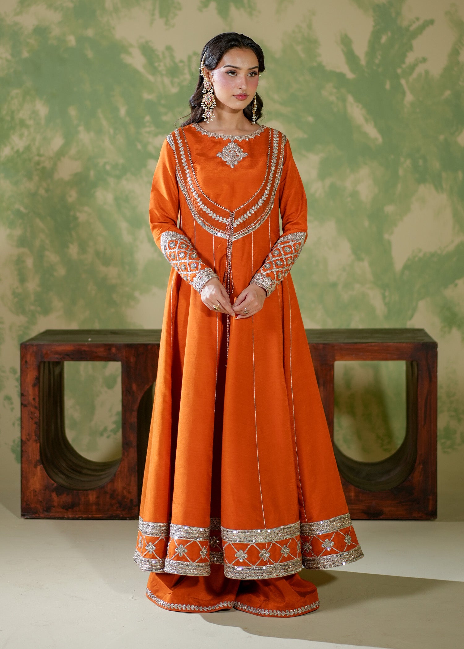 raw silk Pishwas in Rust orange, rust red