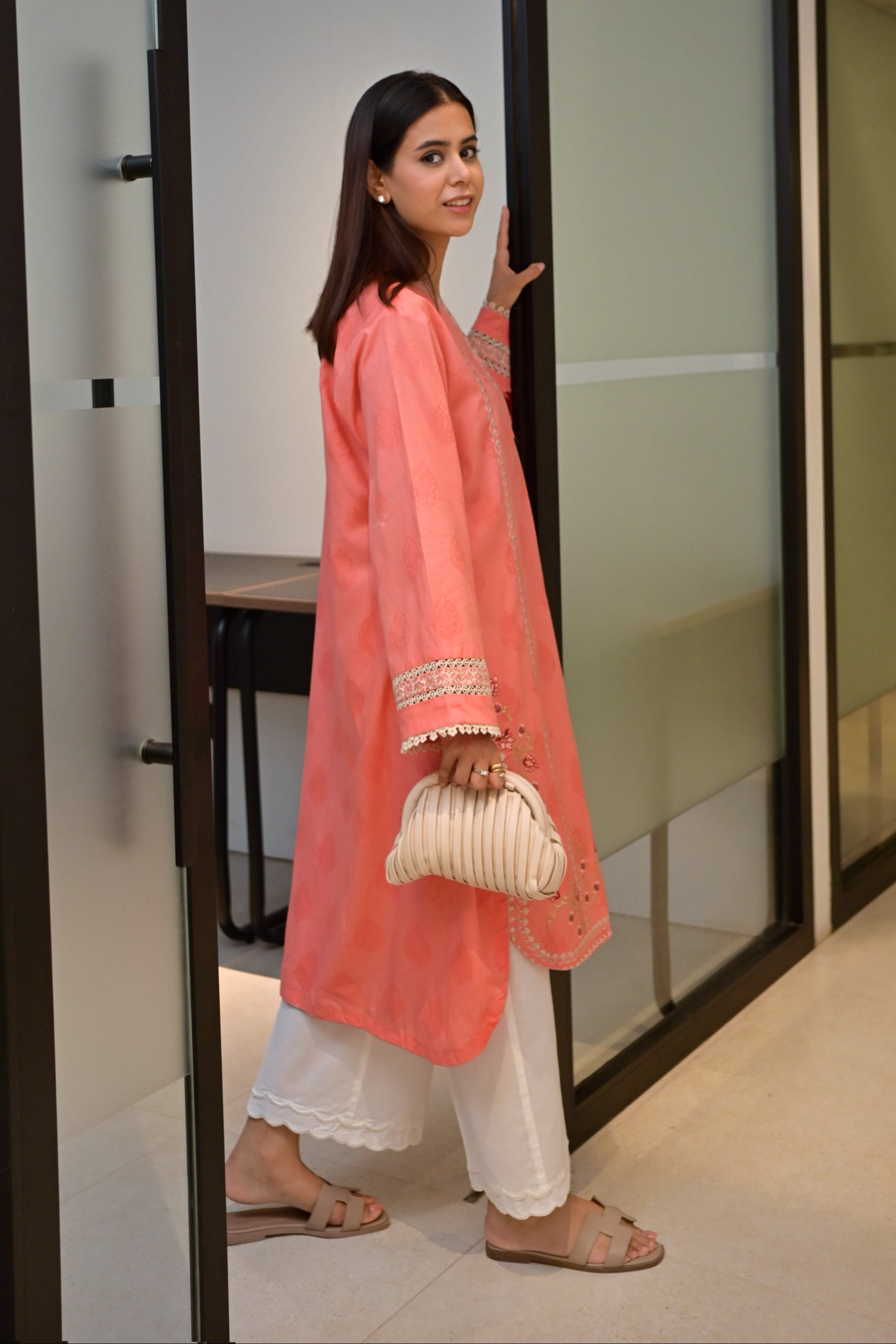 jacquard Kurti in Peach pink