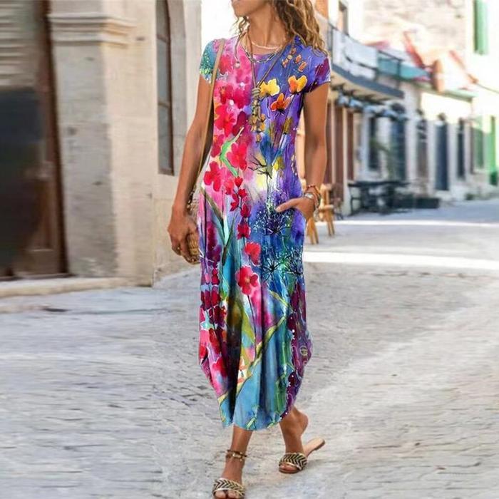 Women's Trendy Printed Short Sleeve Dress with Round Neck and Pocket
