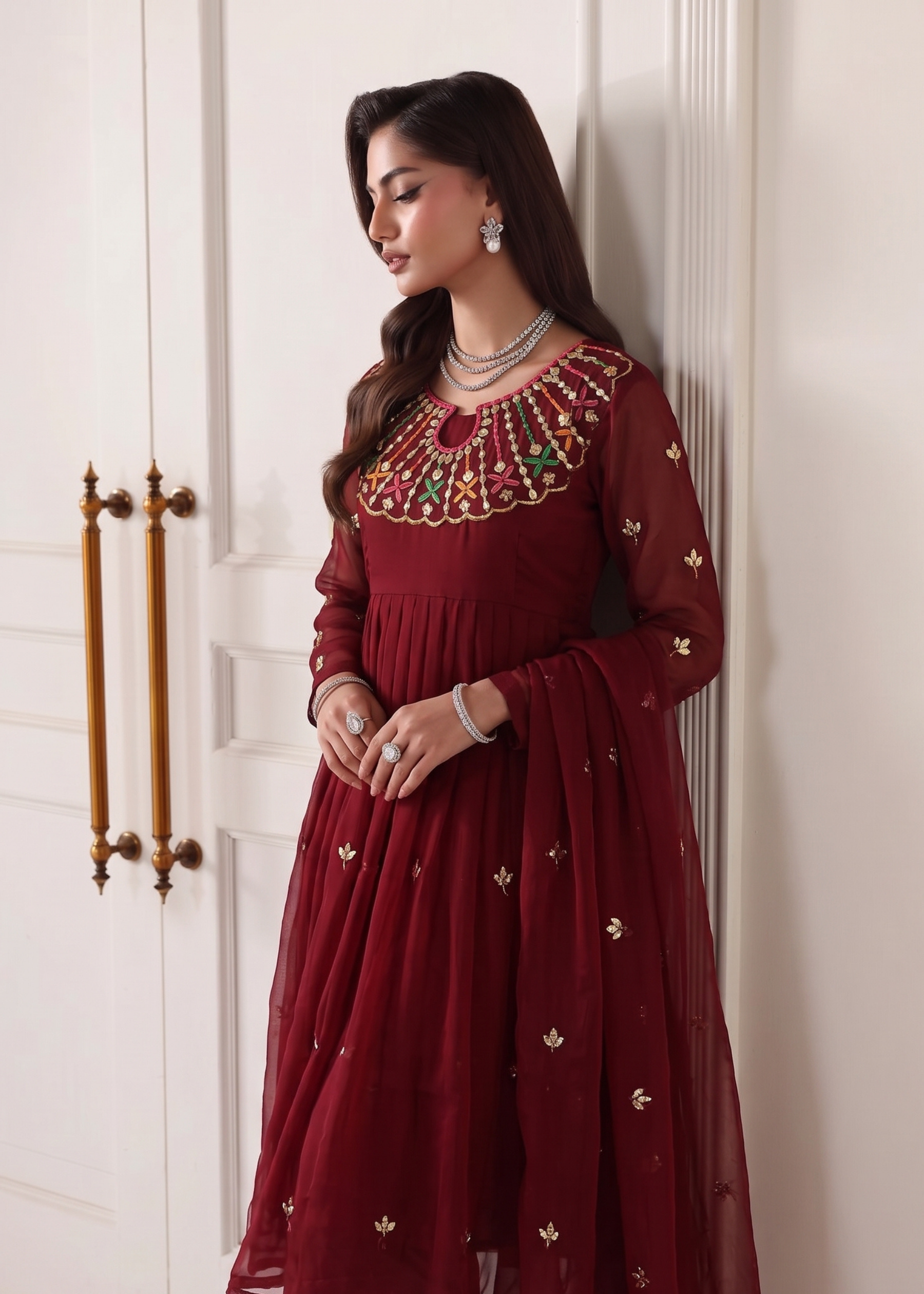 poly organza Anarkali in Maroon