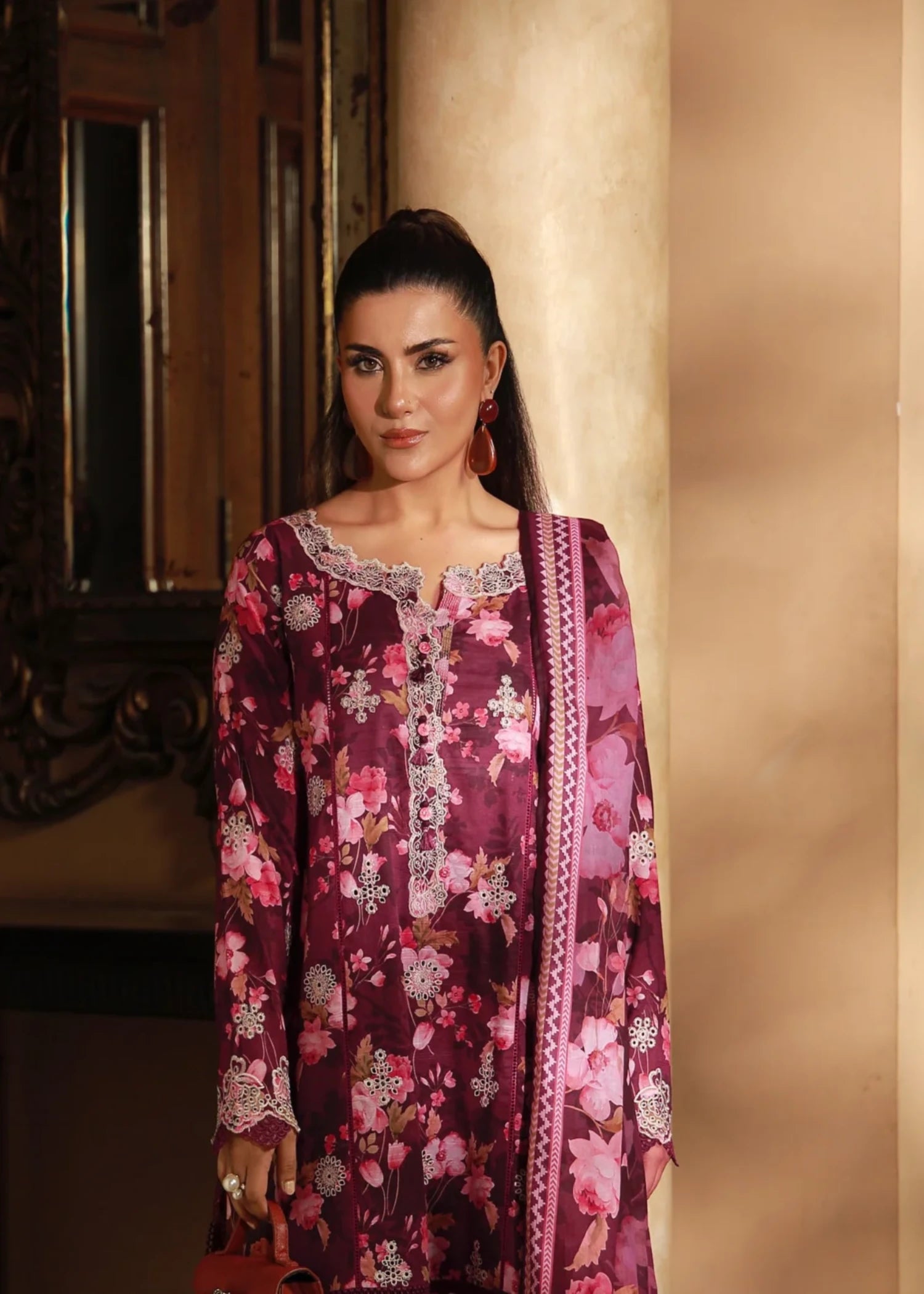 zari lawn Unstitched in Maroon