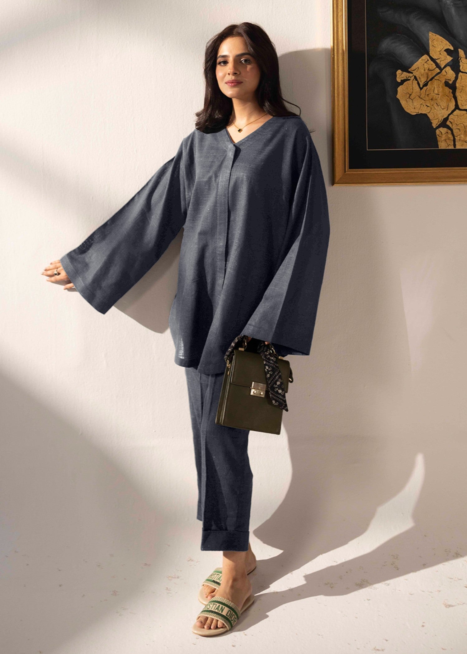 slub khaddar Co ord Sets in Grey