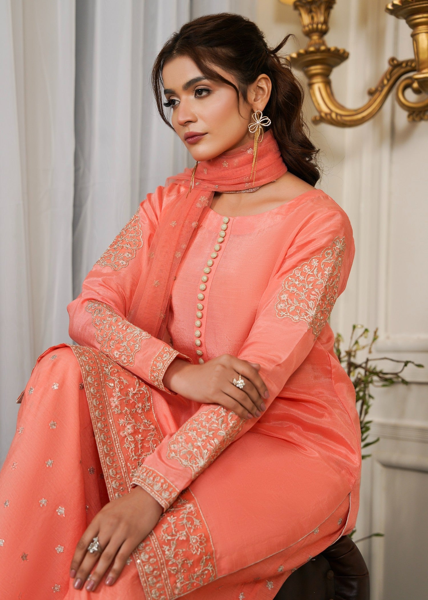 raw silk Sharara in Peach pink