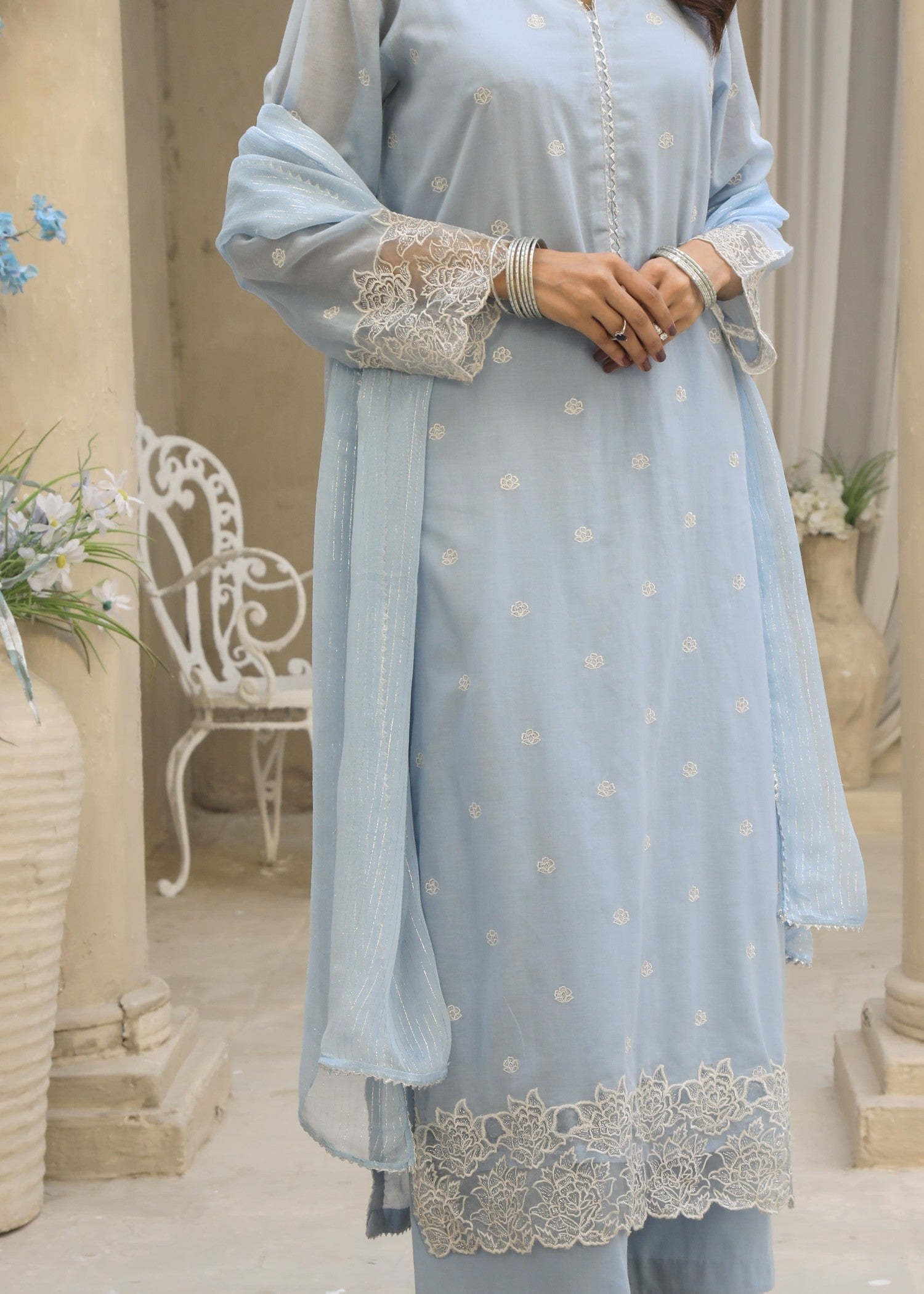voile Kurta Set in Sky blue