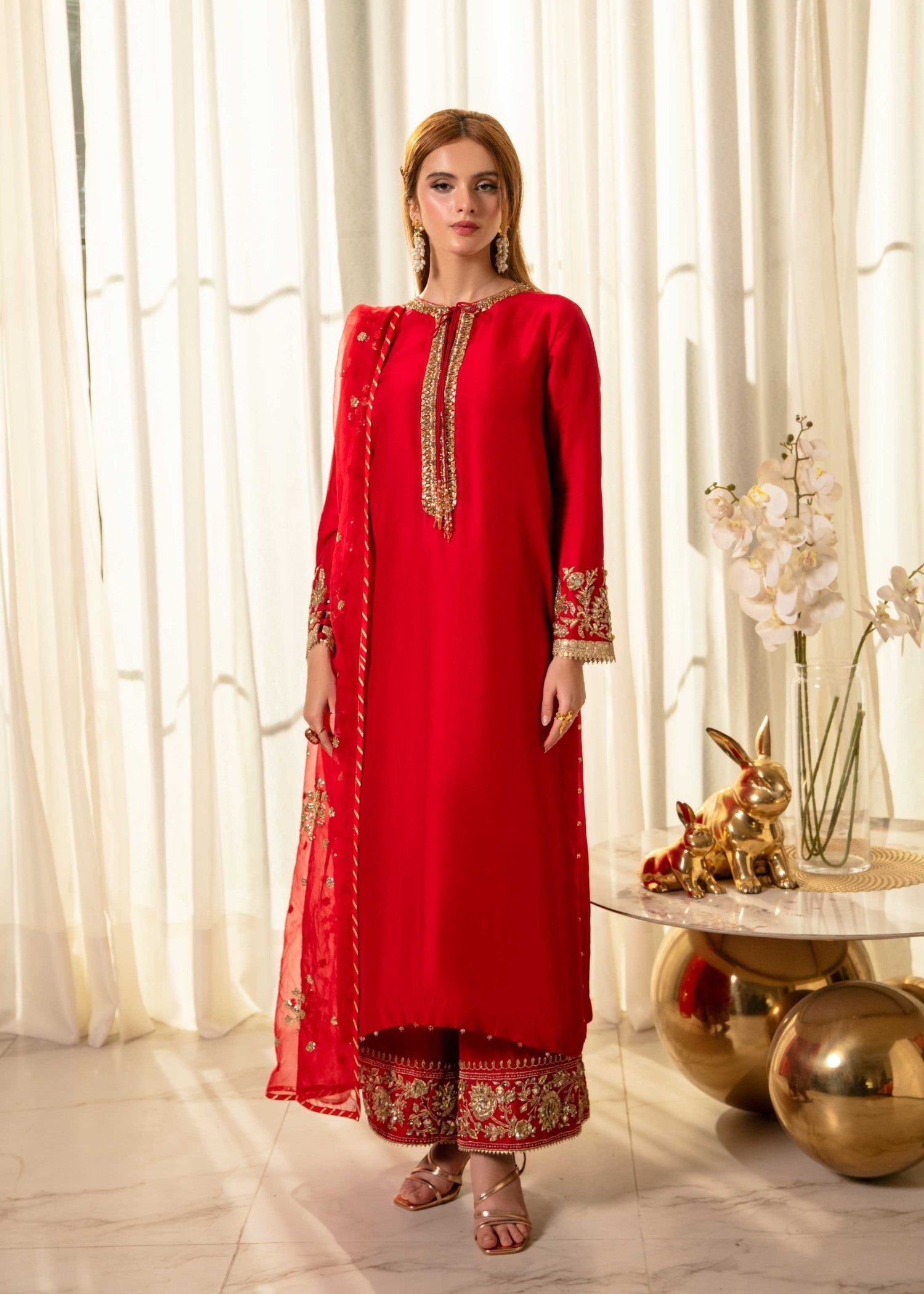 tussar silk Kurta Set in Red