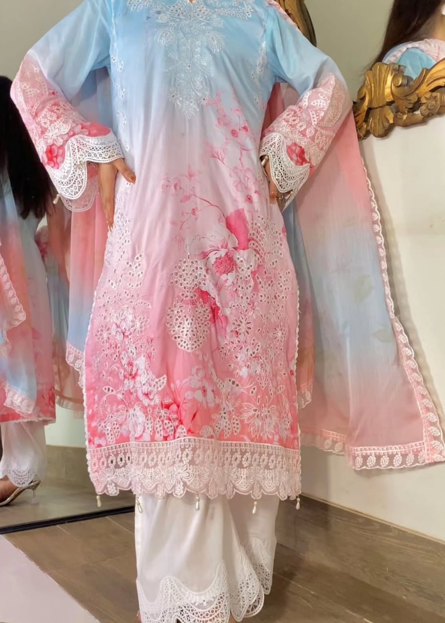 lawn Kurta Set in Multi, pink, sky blue