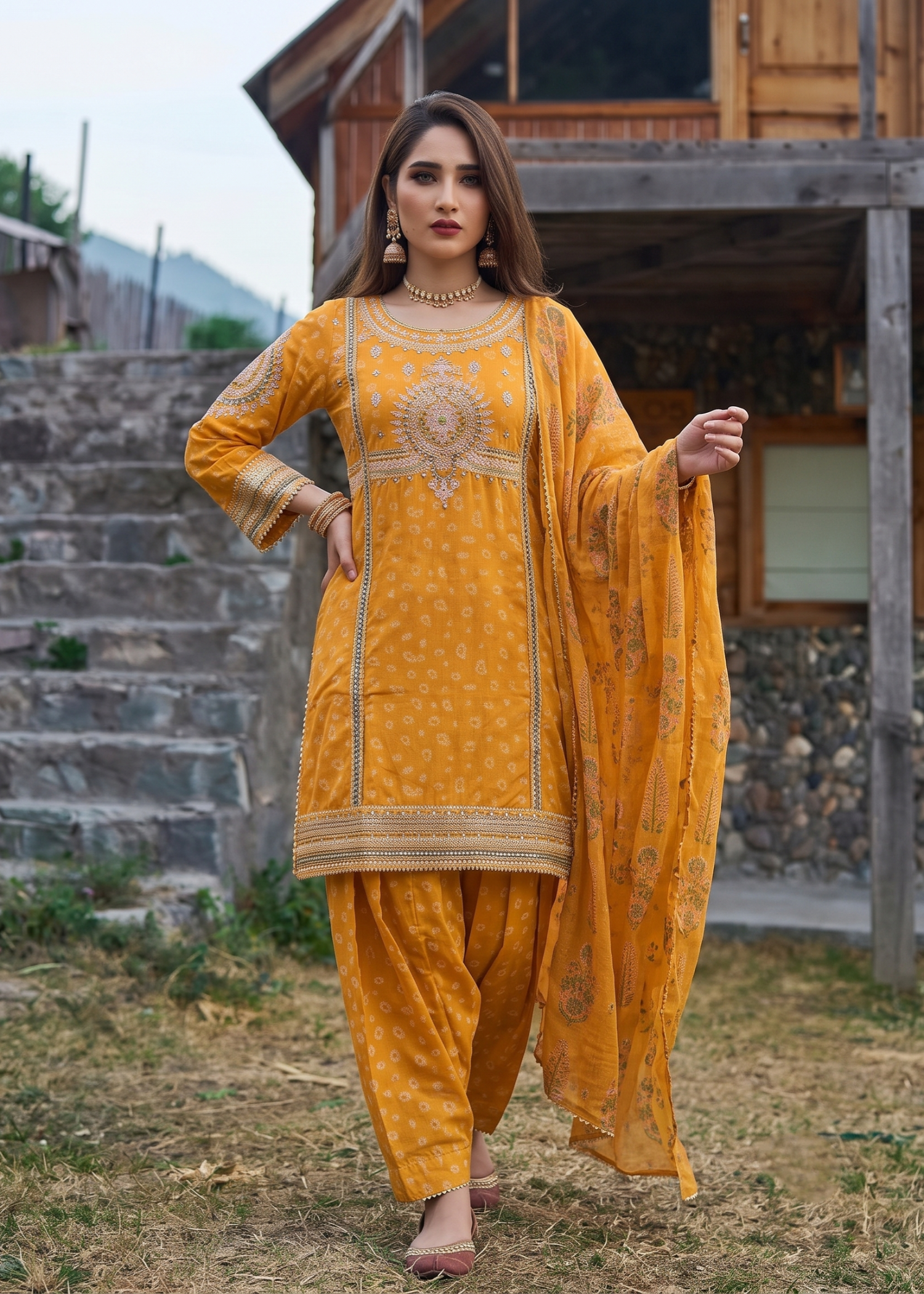 jacquard Kurta Set in Mustard
