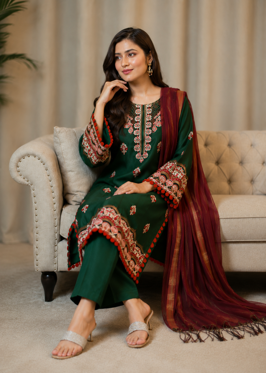 lawn cotton Unstitched in Hunter green