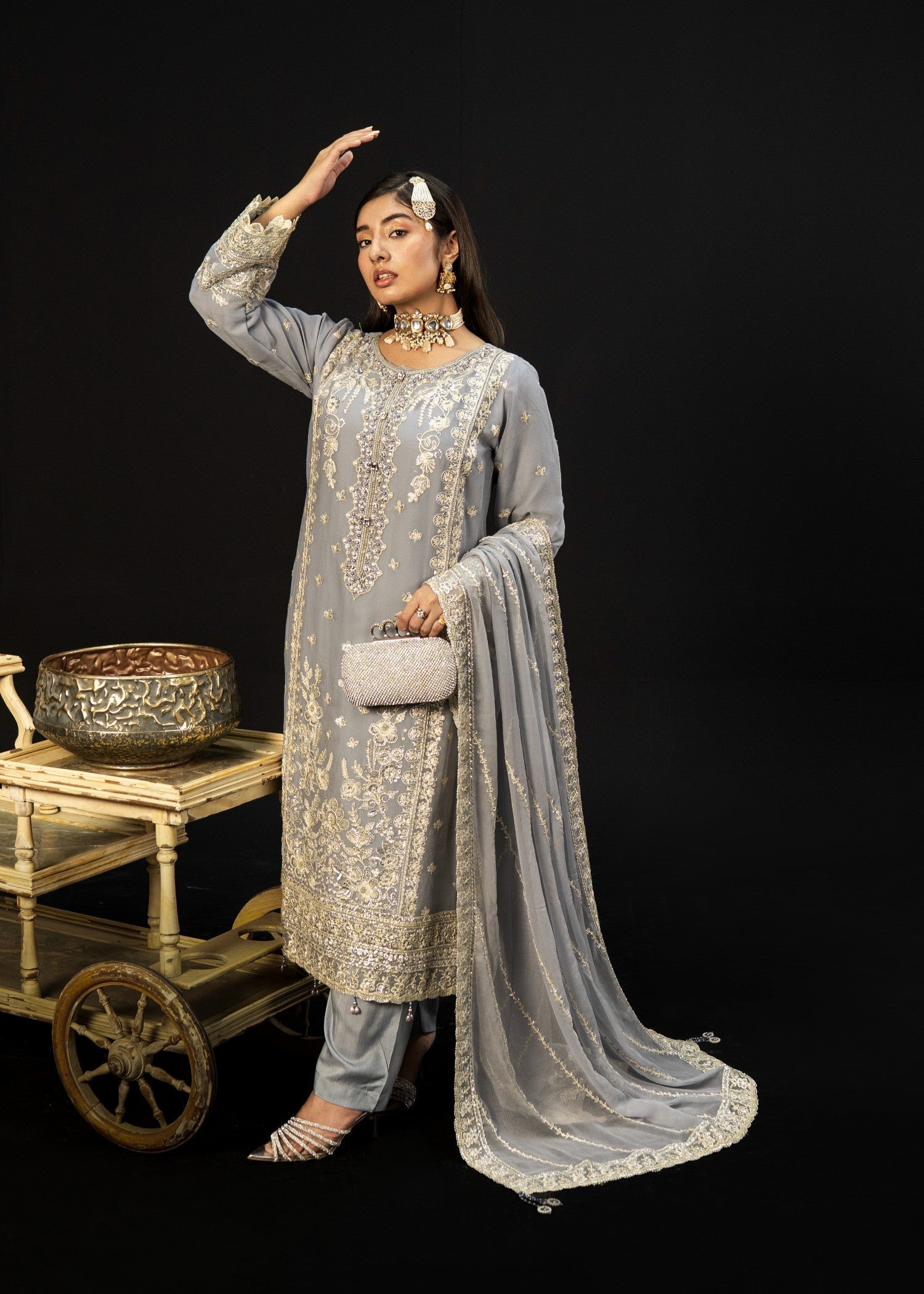 crinkle chiffon Kurta Set in Grey