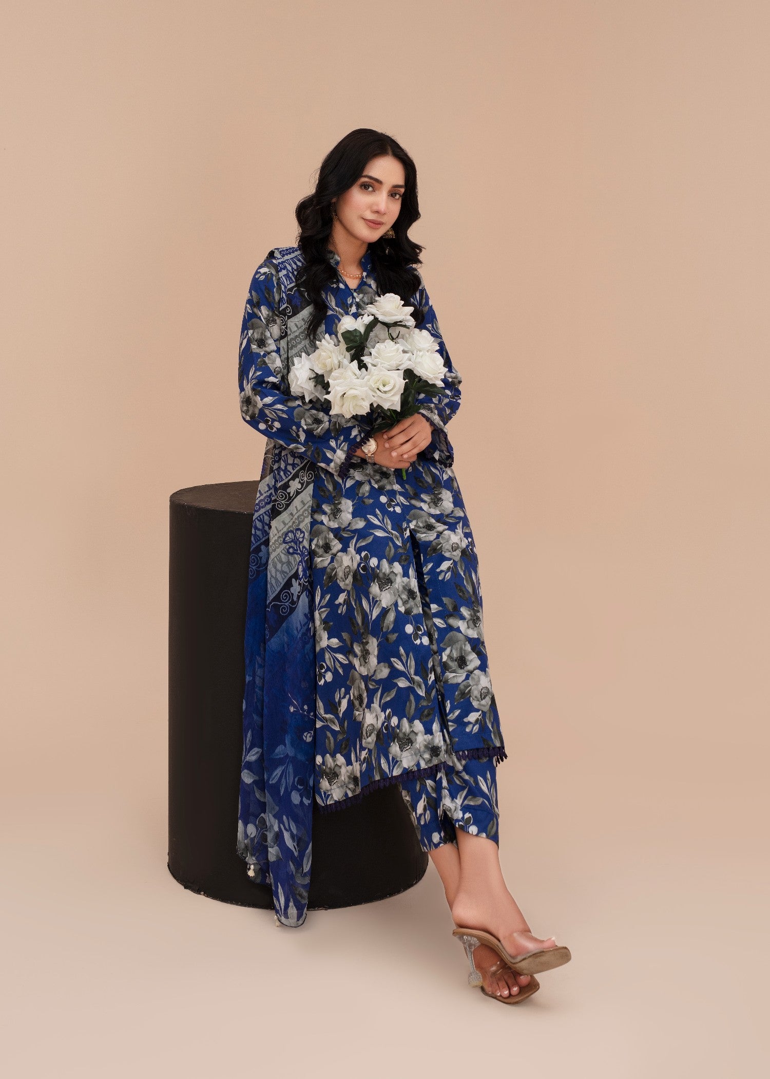lawn Pishwas in Dark blue