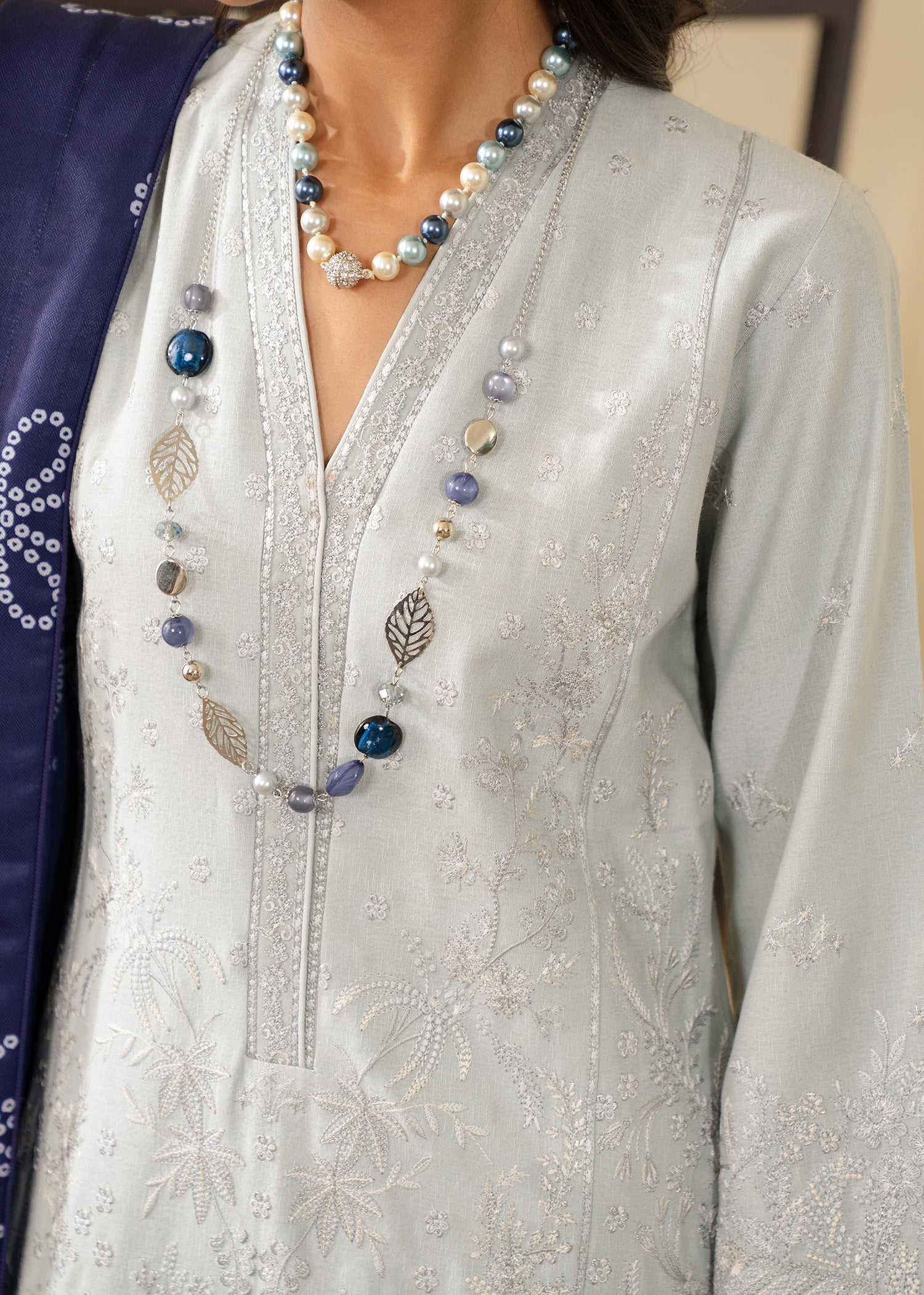 karandi Kurta Set in Ash grey, navy blue