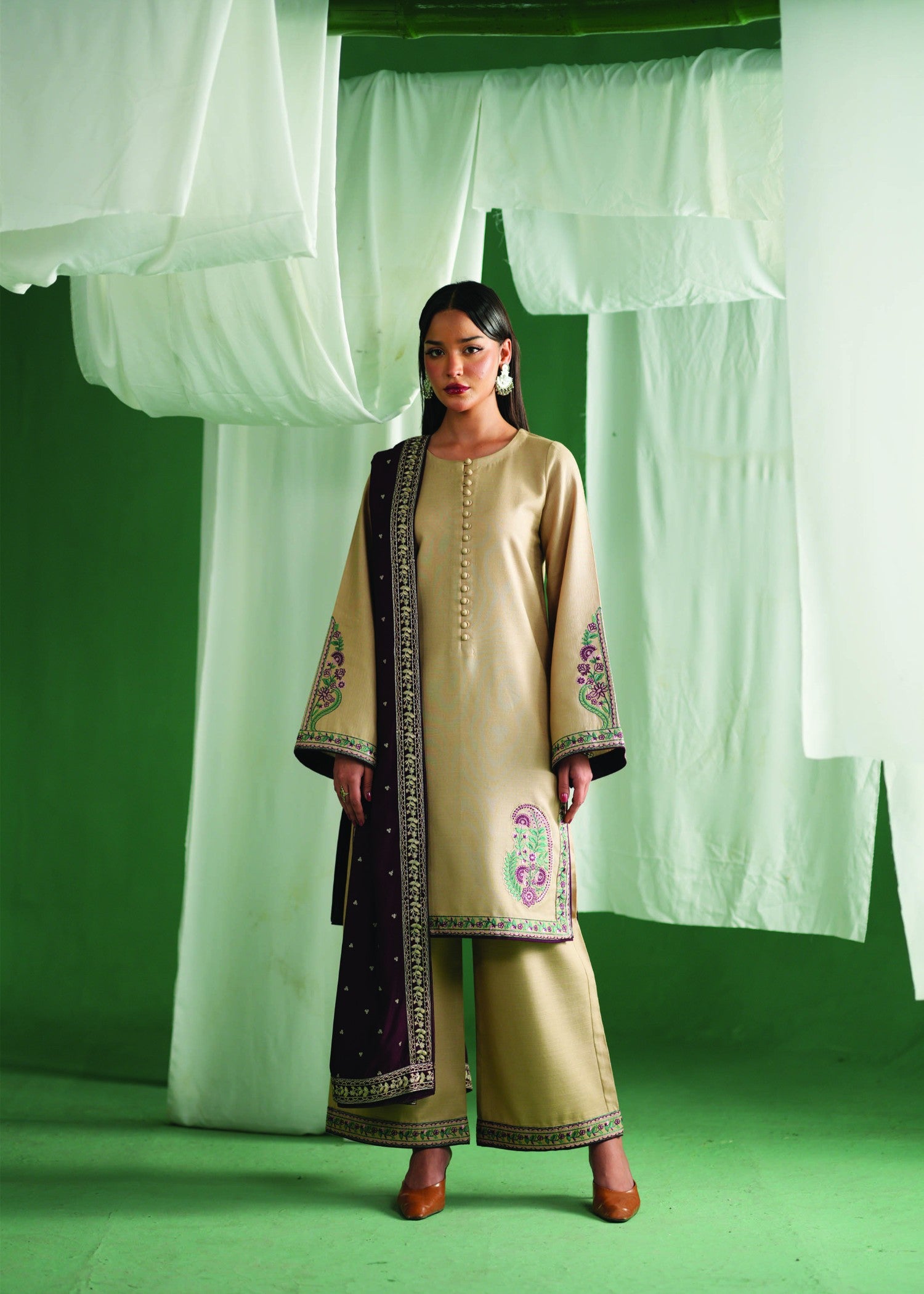 khaddar Kurta Set in Tan brown
