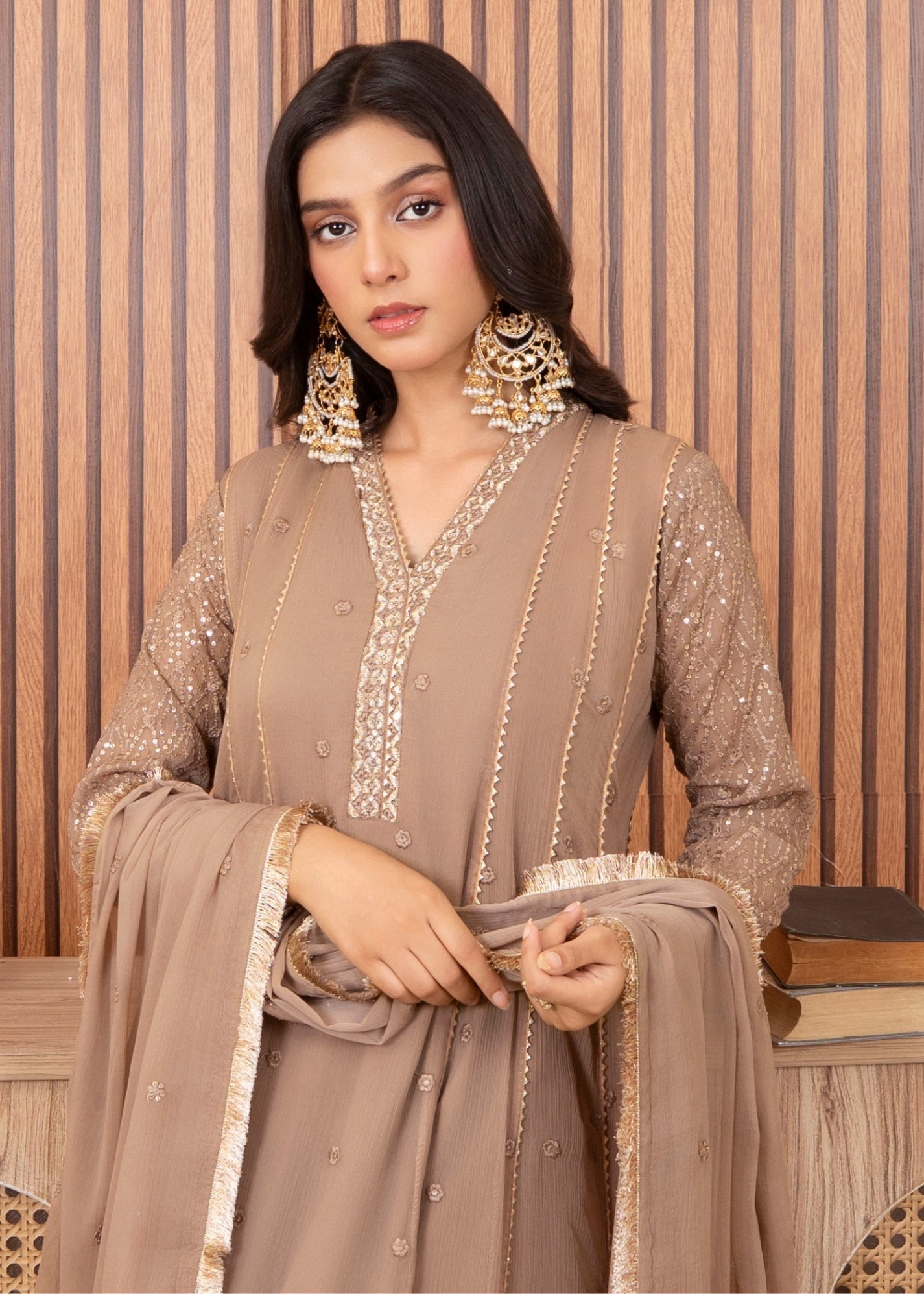 chiffon Pishwas in Camel brown