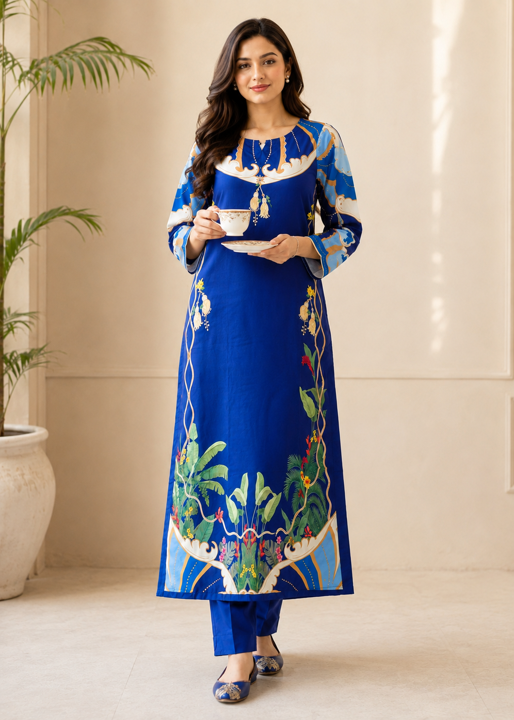 silk crepe Kaftan in Royal blue