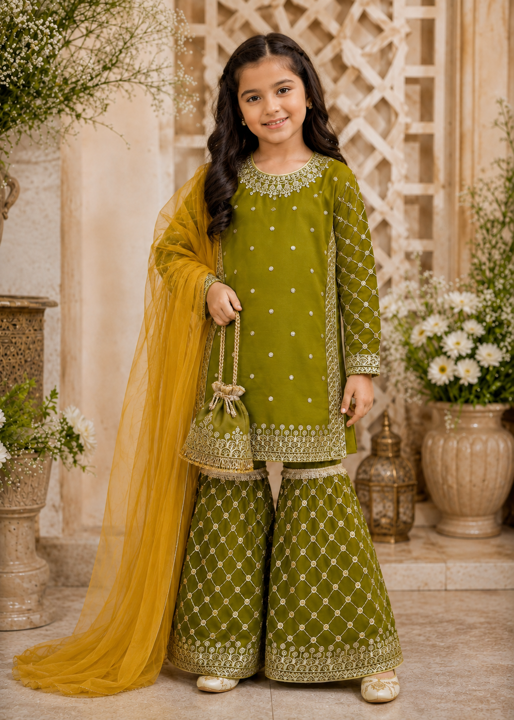 chiffon Gharara in Olive green