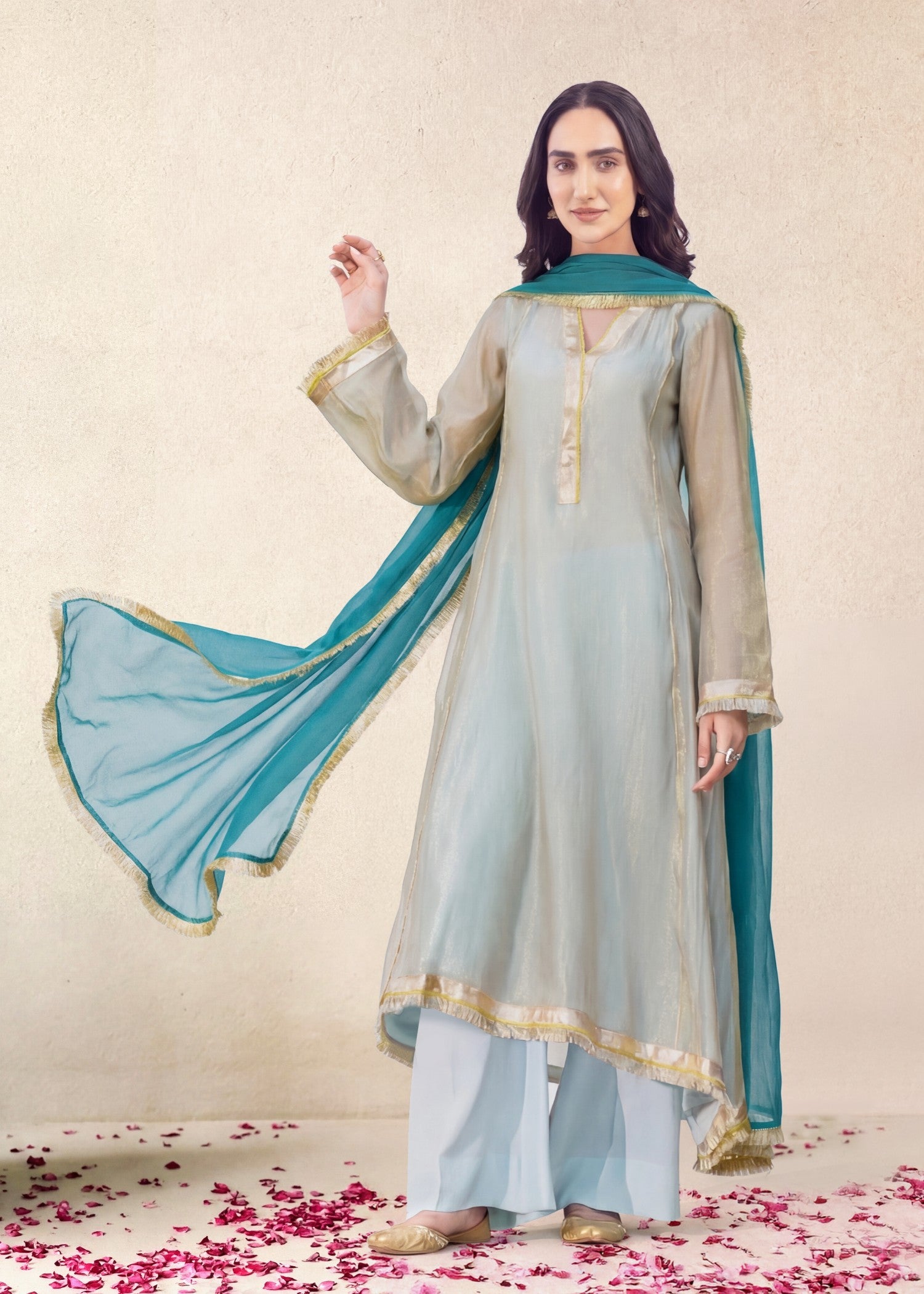 zari net Kurta Set in Aquamarine