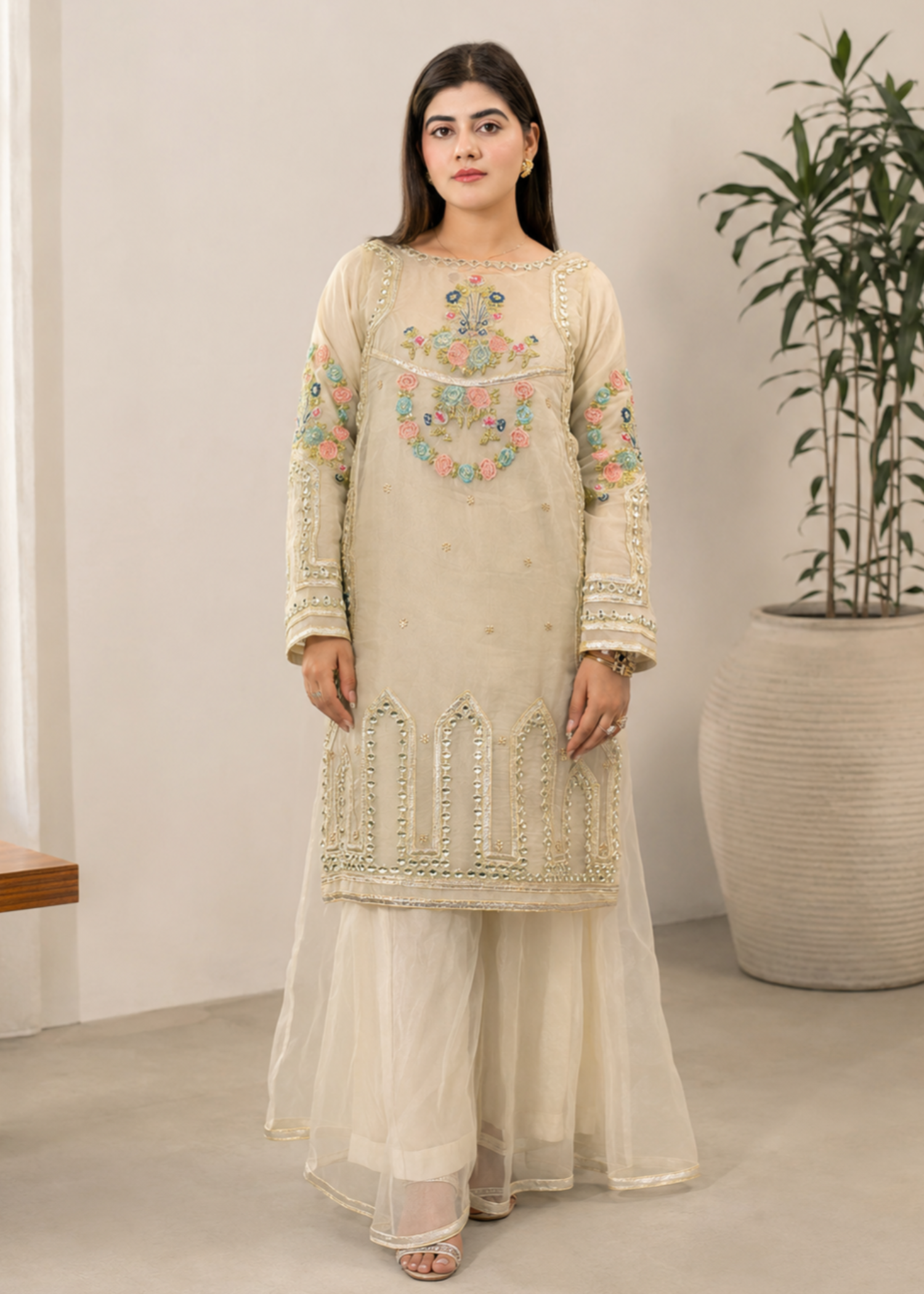 organza Sharara in Ivory