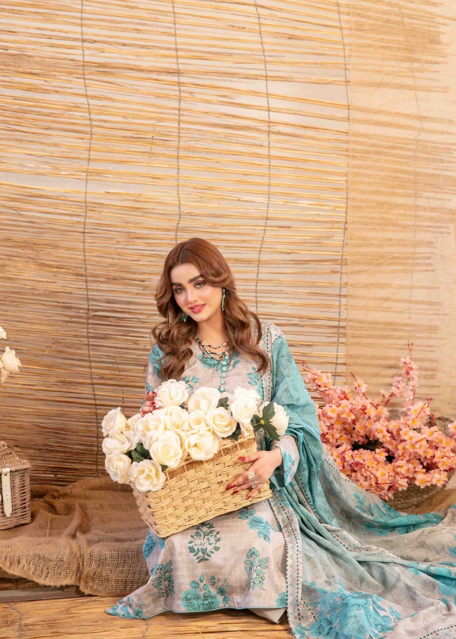 slub lawn Kurta Set in Sky blue, pastel grey