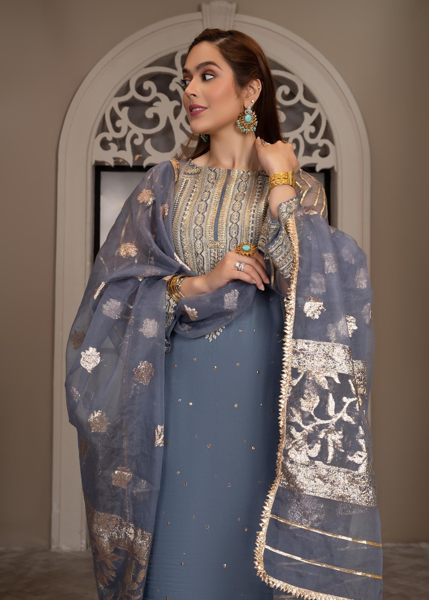organza Kurta Set in Steel blue