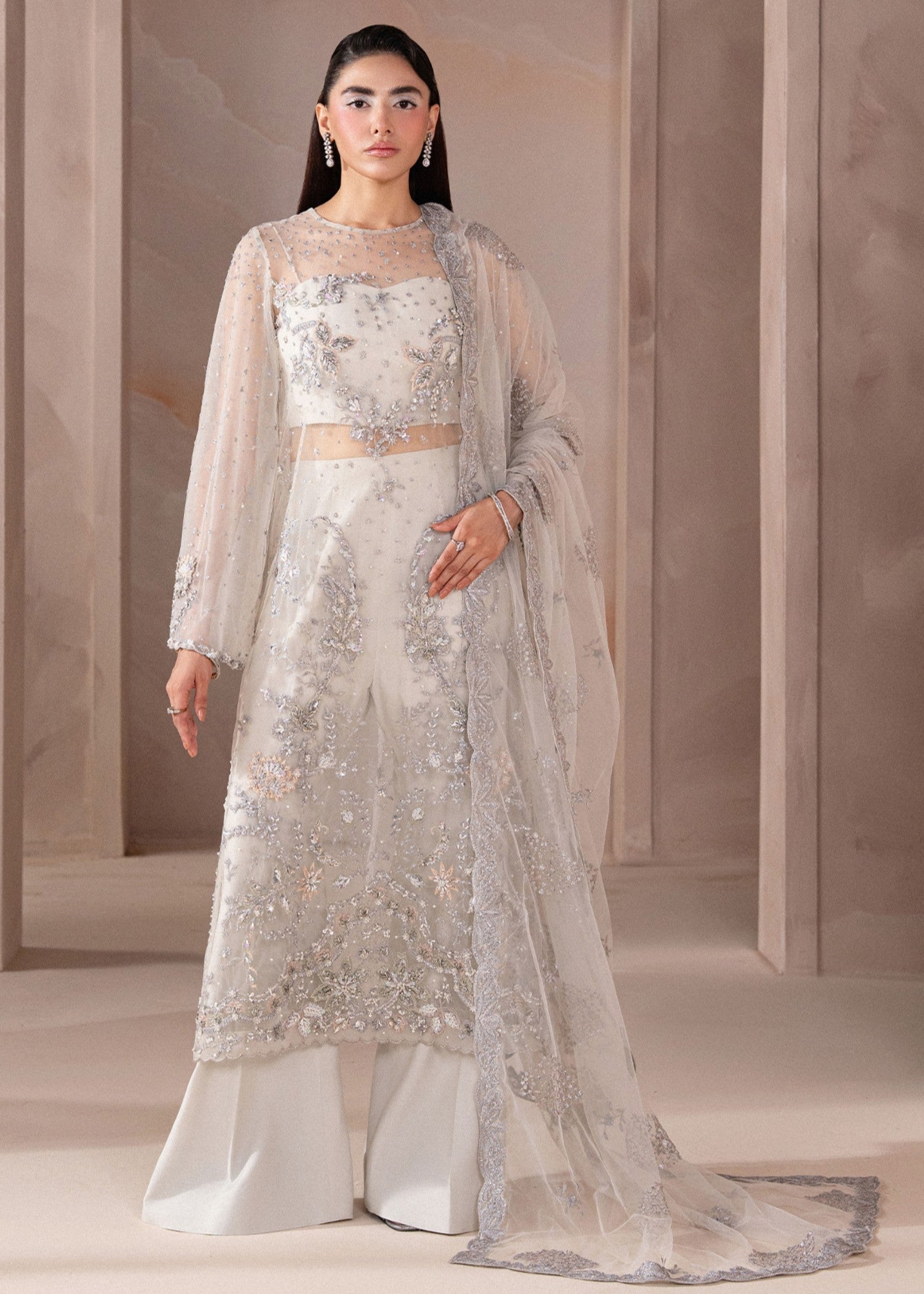net Kurta Set in Ghost white