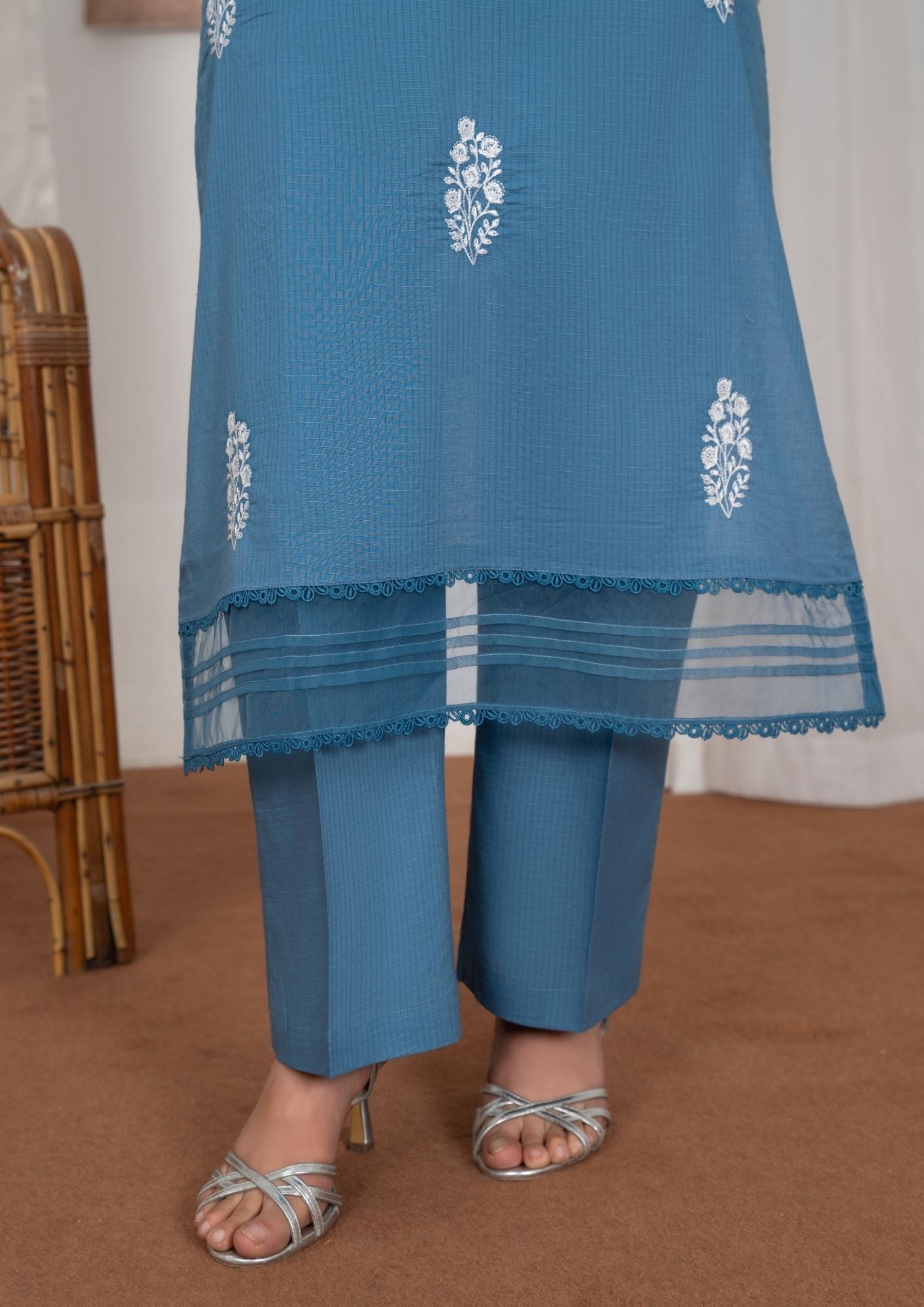 textured lawn Kurta Set in Pacific blue