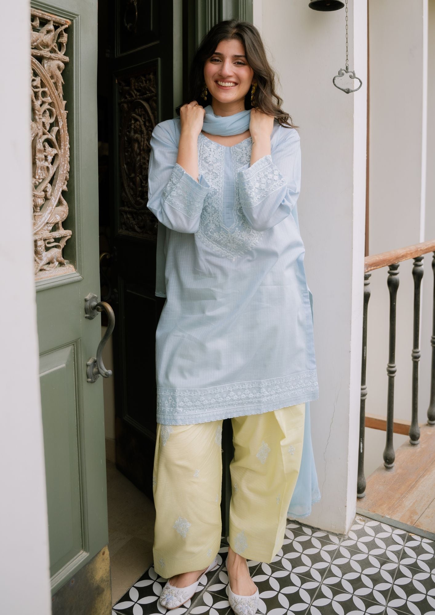 lawn Kurta Set in Ice blue, lemon chiffon