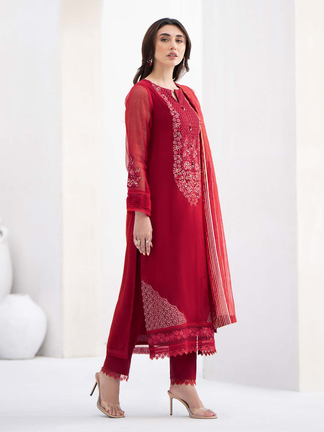yarn dyed khaddi Kurta Set in Red