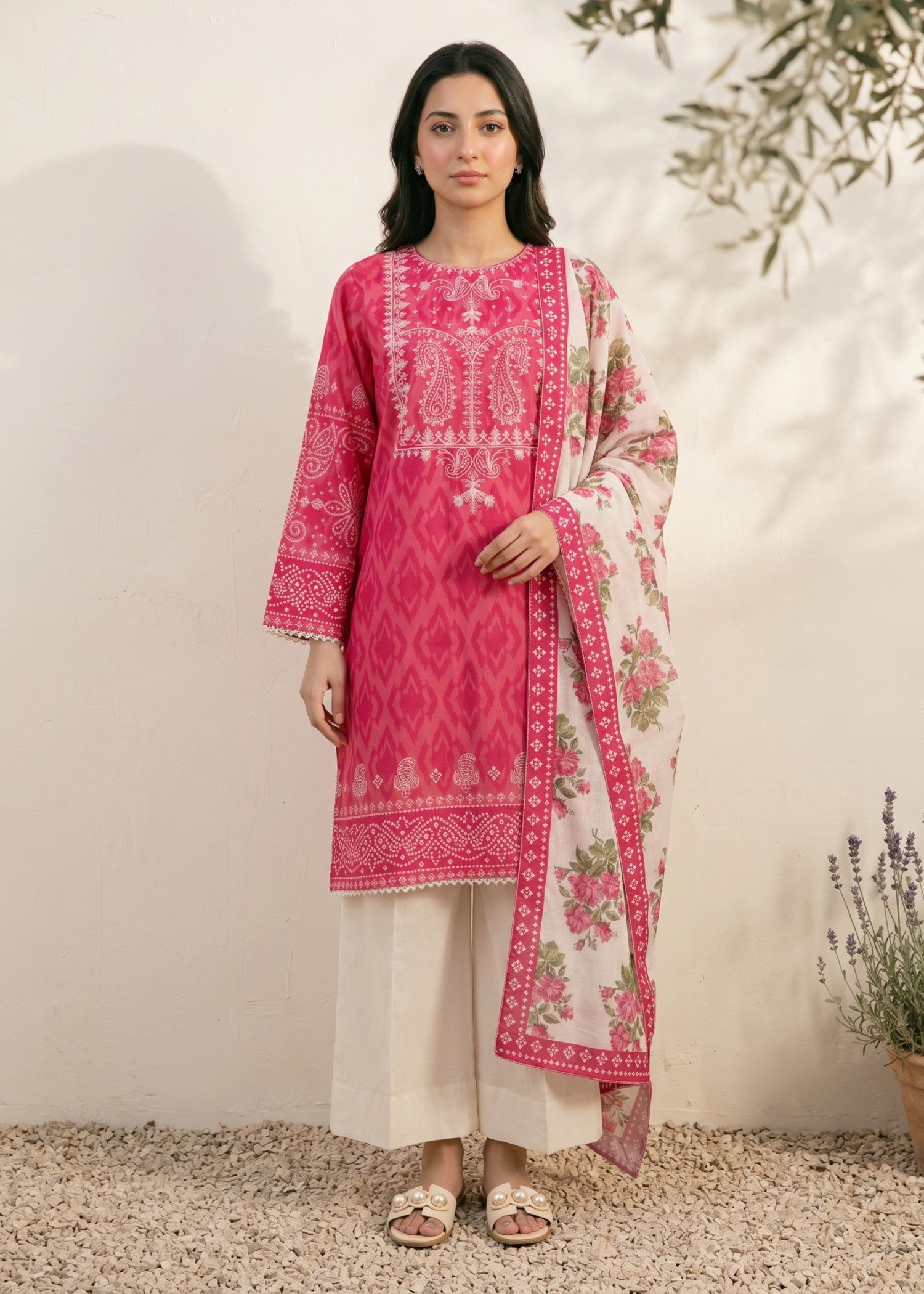 cross hetch Kurta Set in Pink, off-white