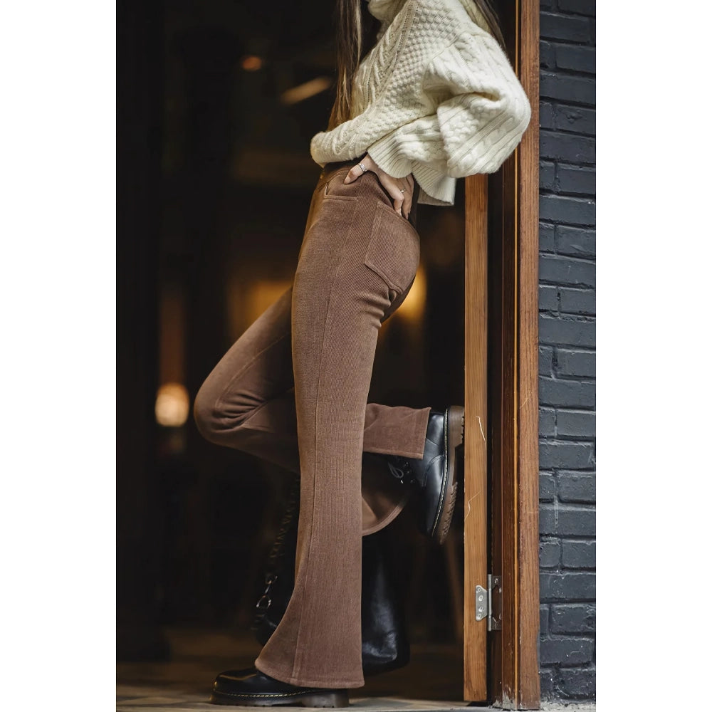 Women's Autumn Winter Vintage Split Elastic Flare Corduroy Pants