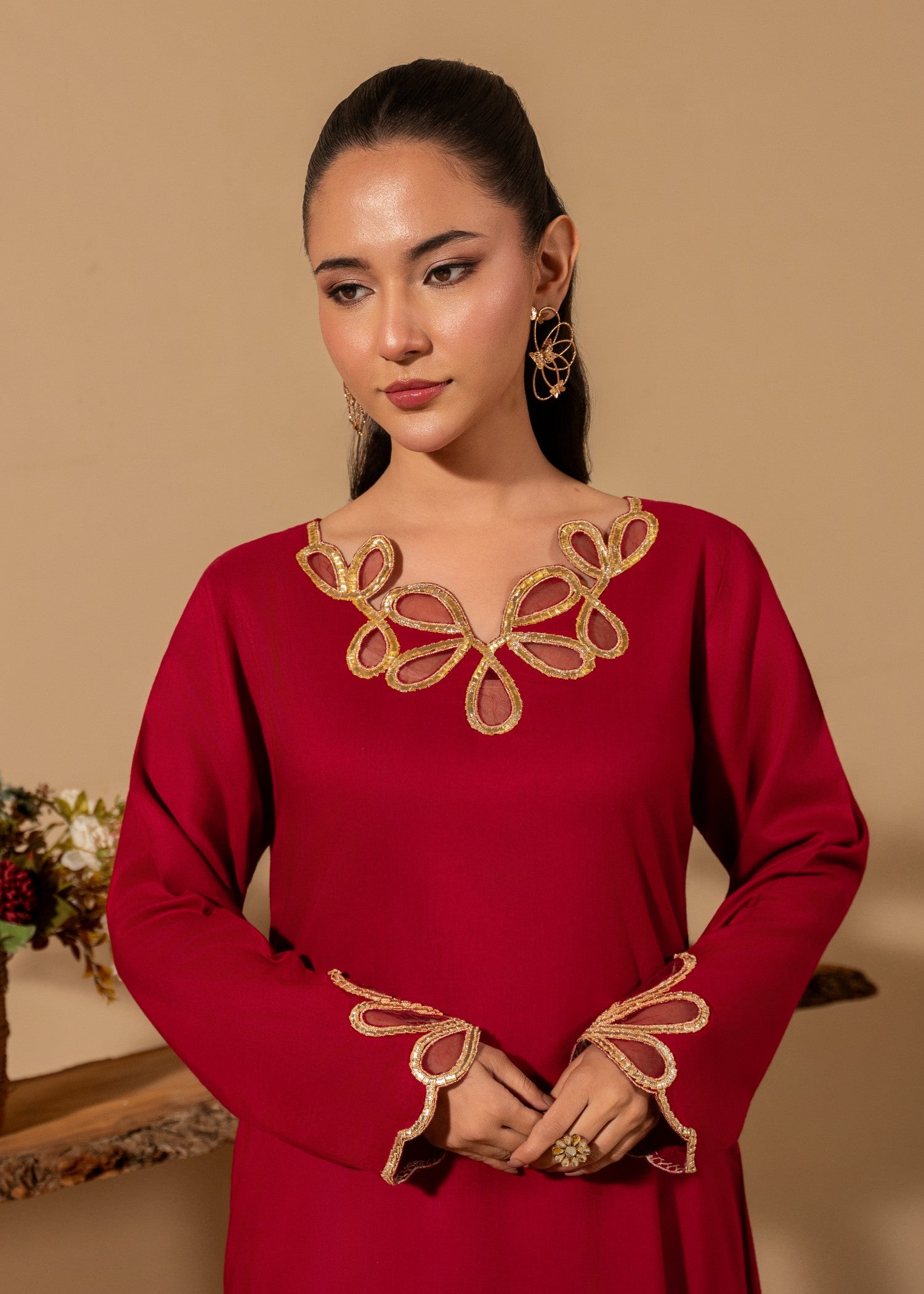 linen Pishwas in Rose red