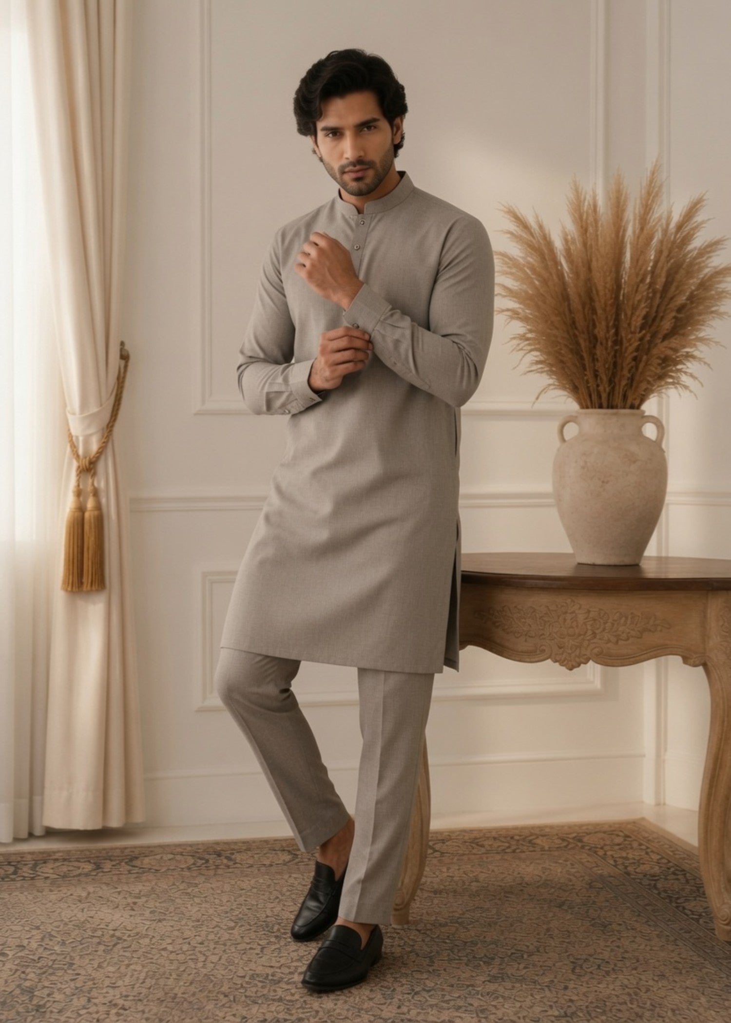 wash & wear Kurta Set in Stone grey
