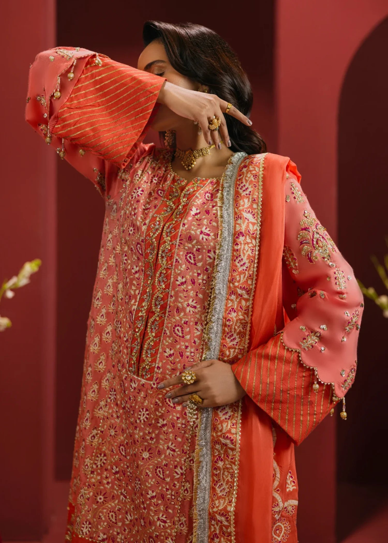 raw silk Unstitched in Coral orange