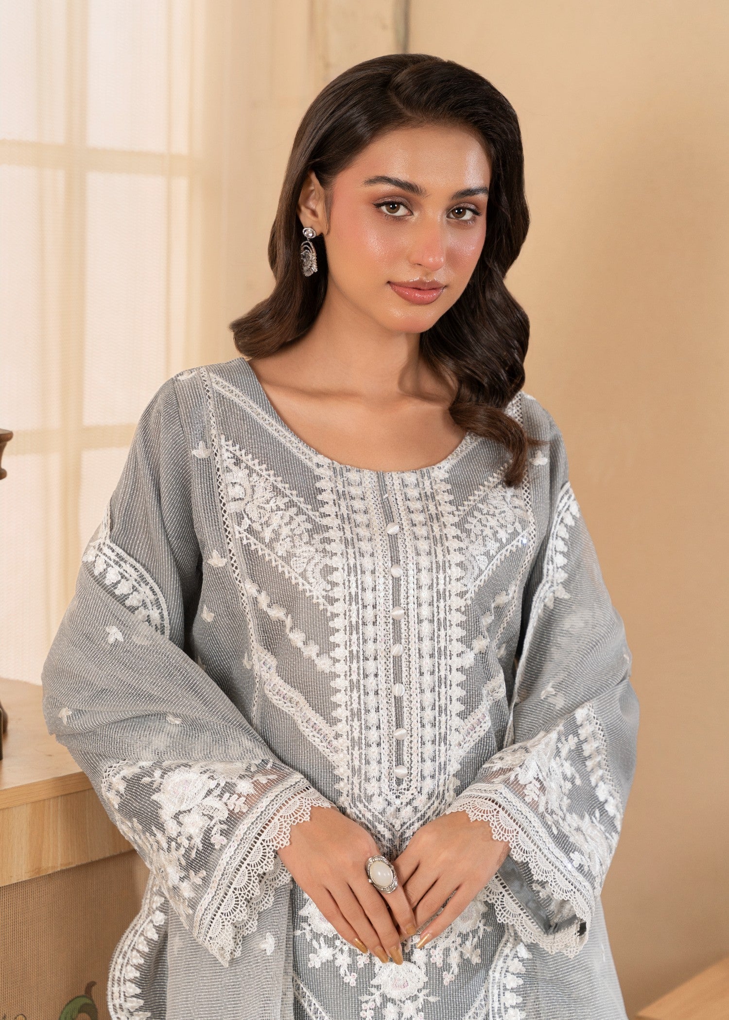 khaddi net Kurta Set in Ash grey