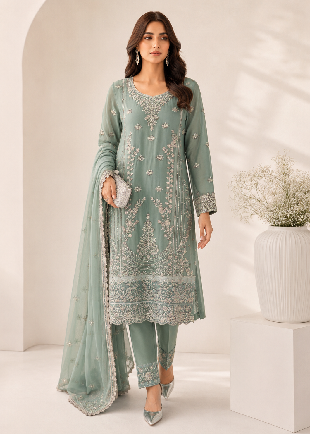 chiffon Kurta Set in Sea green
