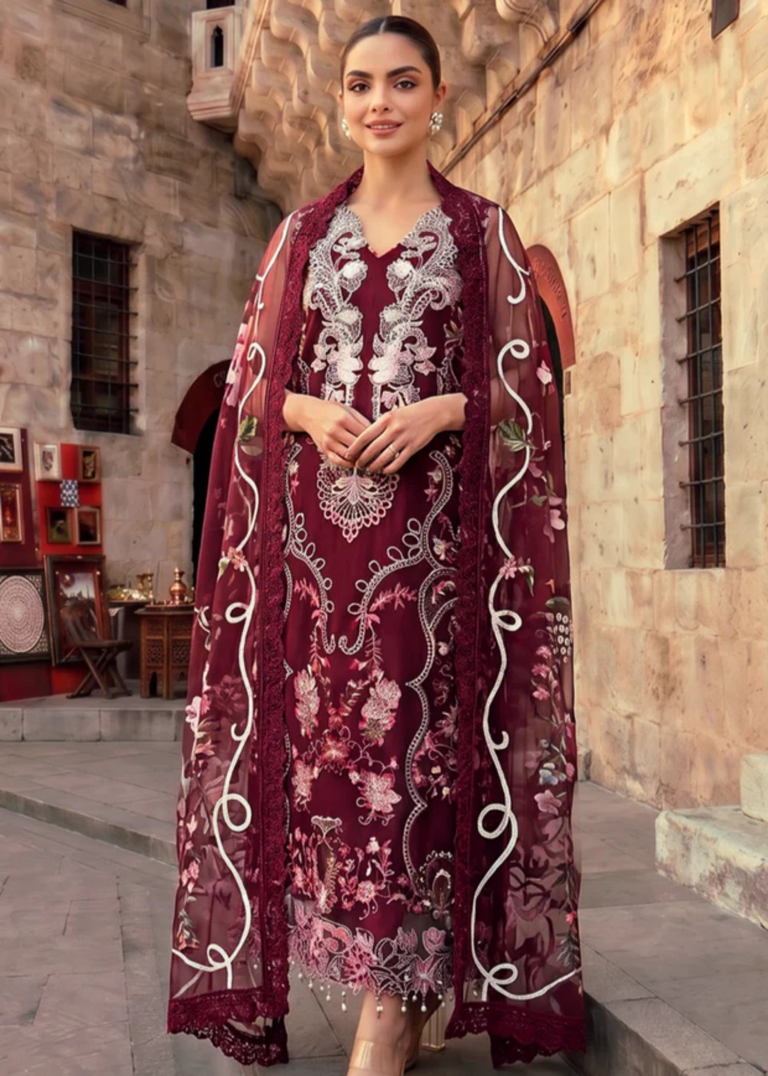 lawn Unstitched in Maroon