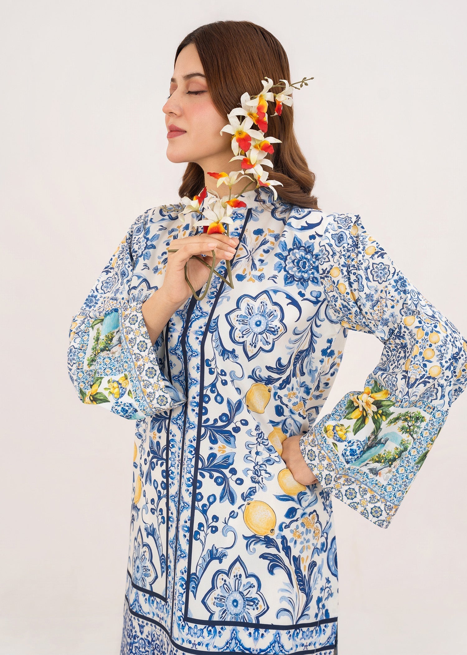 poly lawn Kurta Set in Ice blue