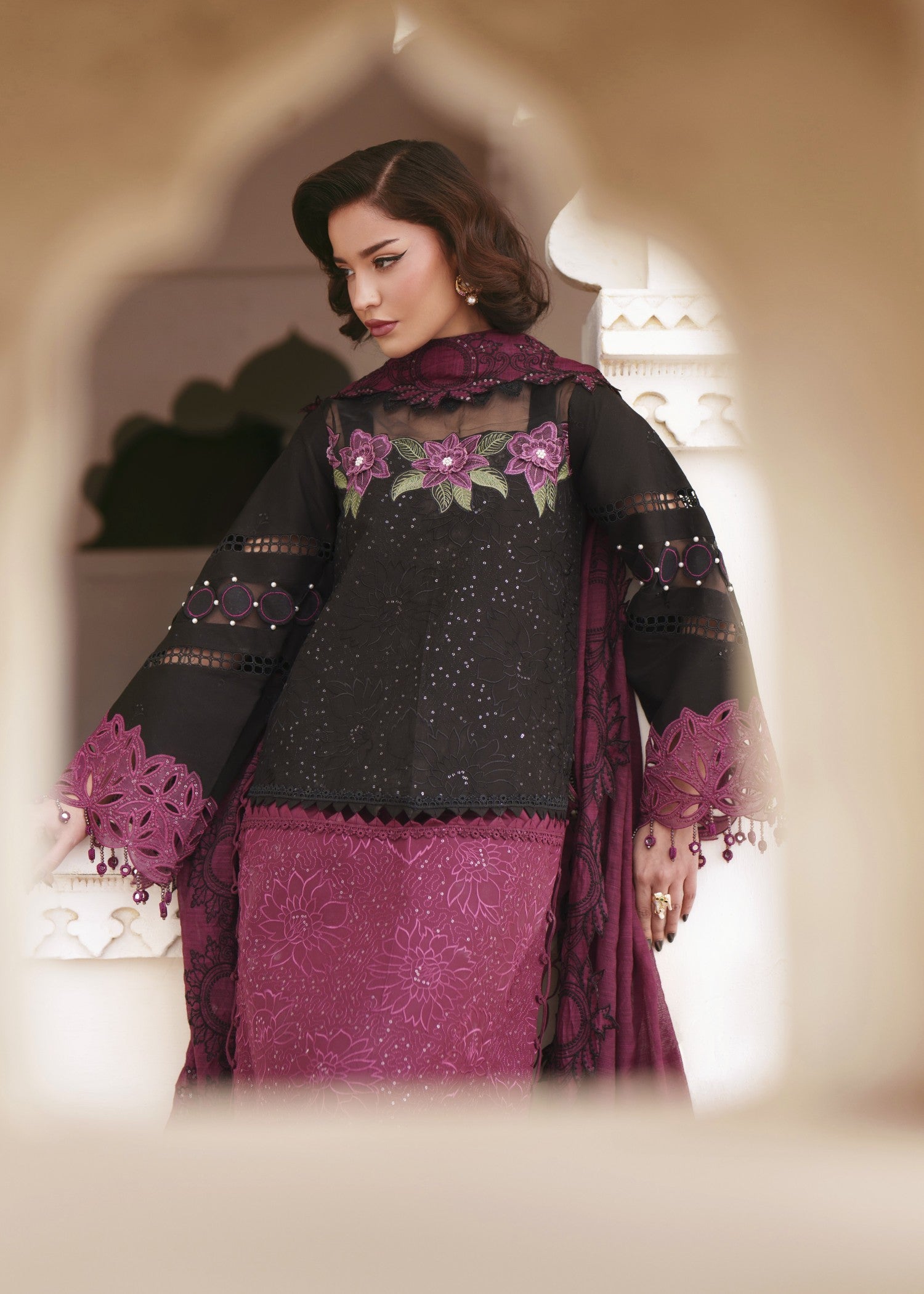lawn Unstitched in Black, red violet
