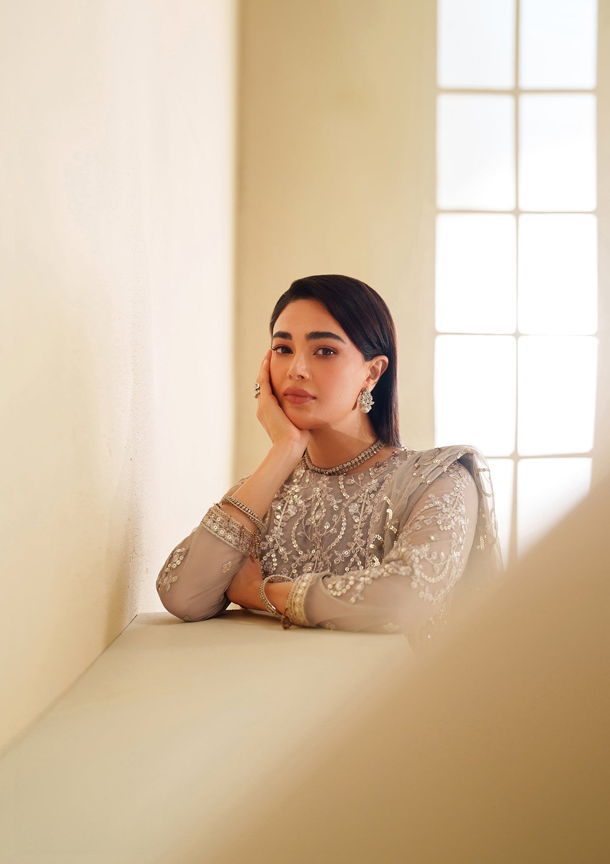 khaddi net Kurta Set in Silver