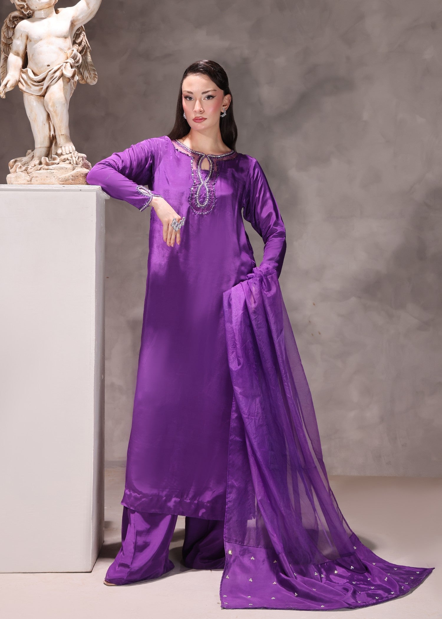 silk Kurta Set in Deep purple