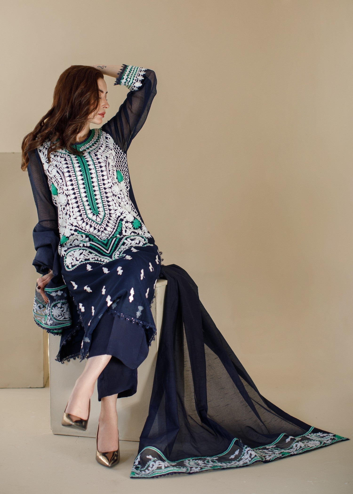 poly silk cotton net Kurta Set in Navy blue