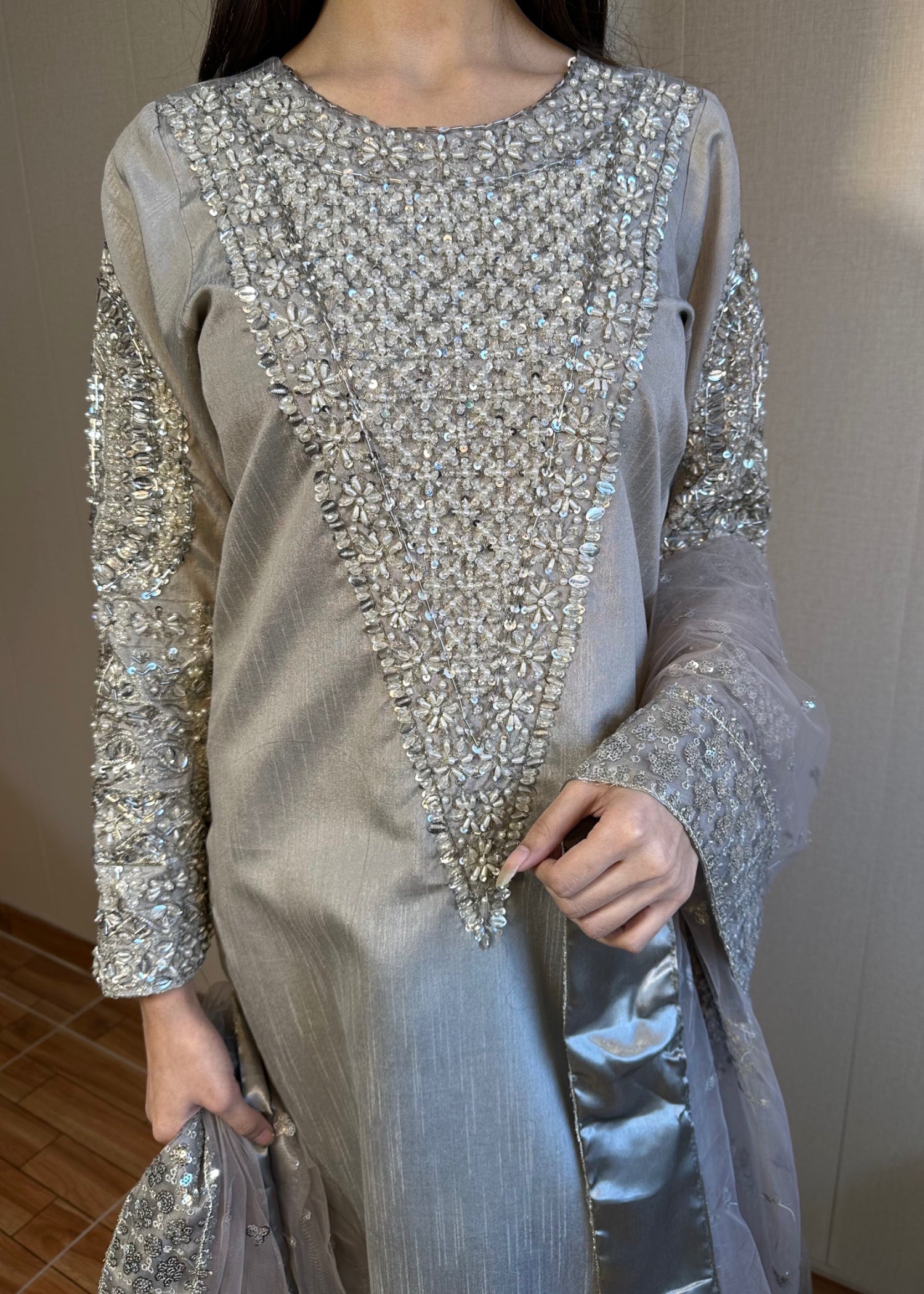 raw silk Kurta Set in Steal grey