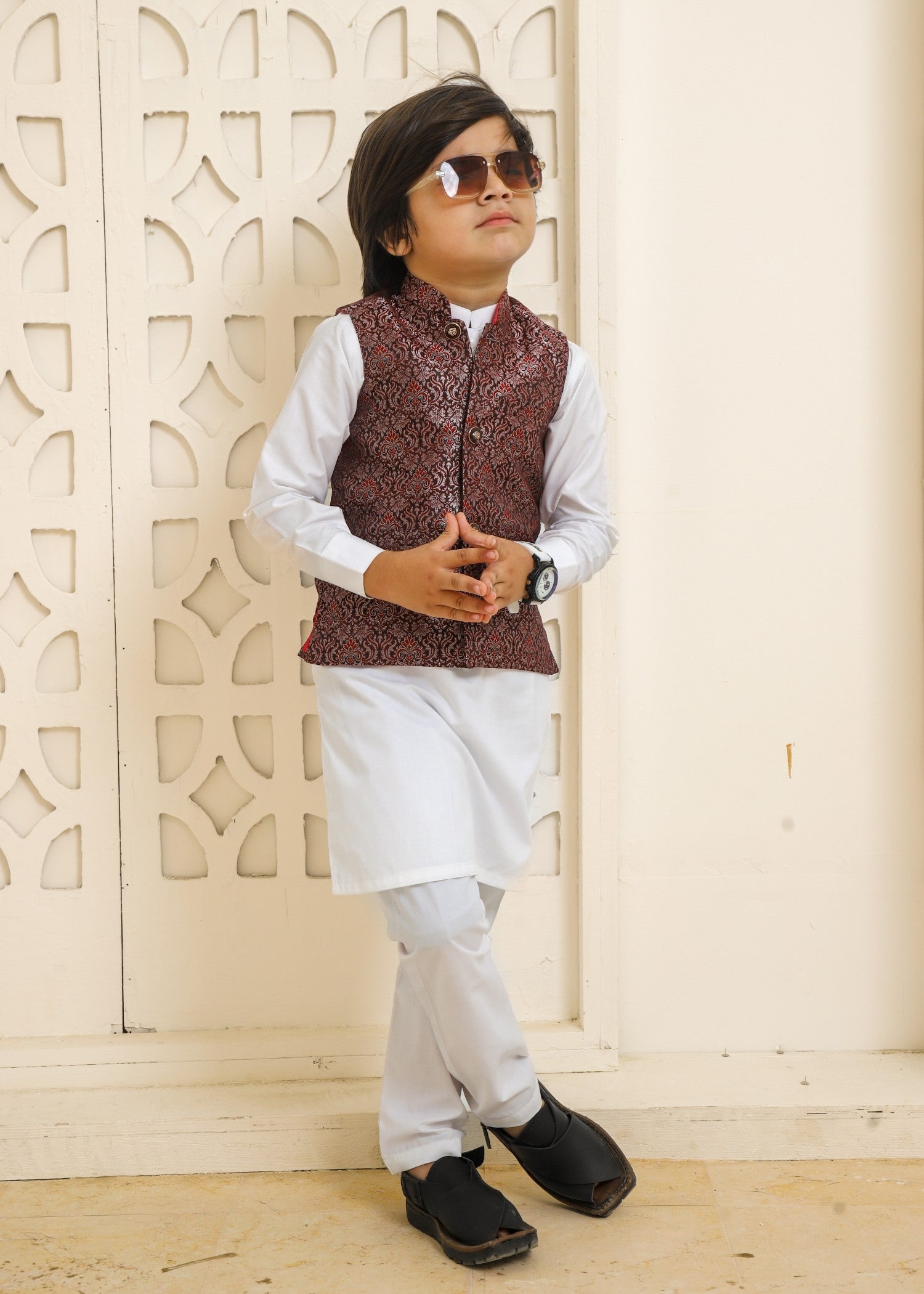 jamawar Waistcoat in Maroon